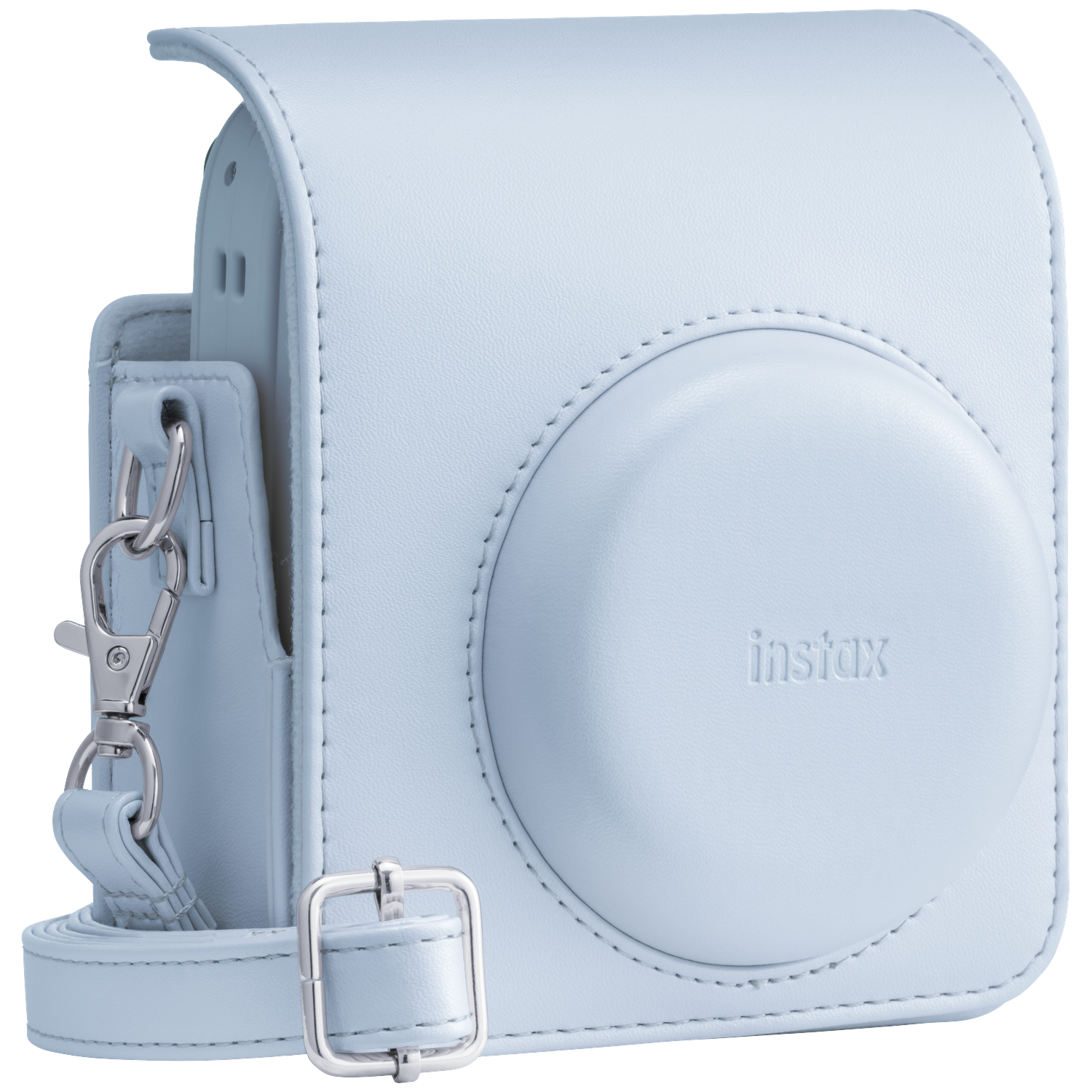 Light blue leather camera case with shoulder strap and silver hardware.