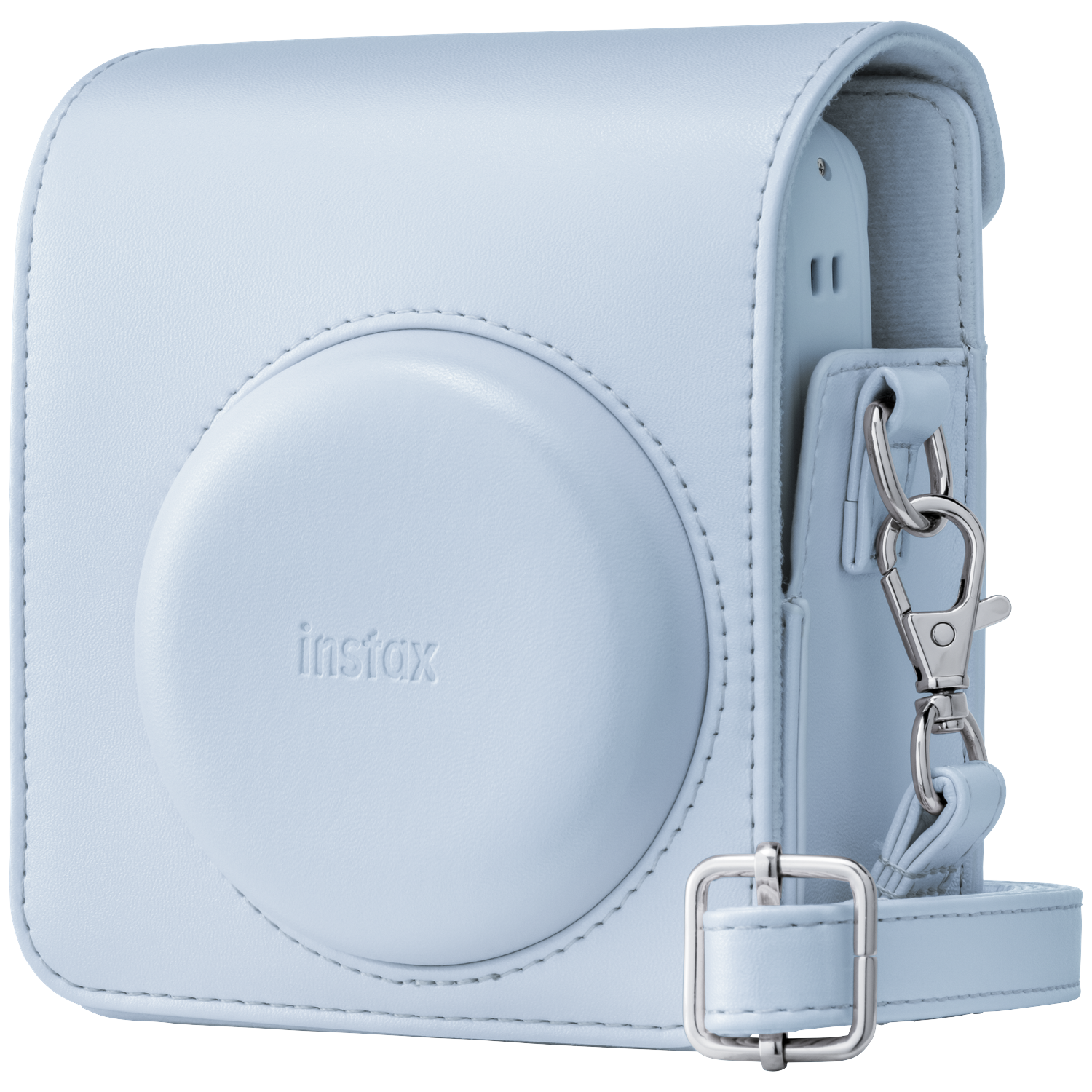 Light blue leather Instax camera case with silver hardware and strap.
