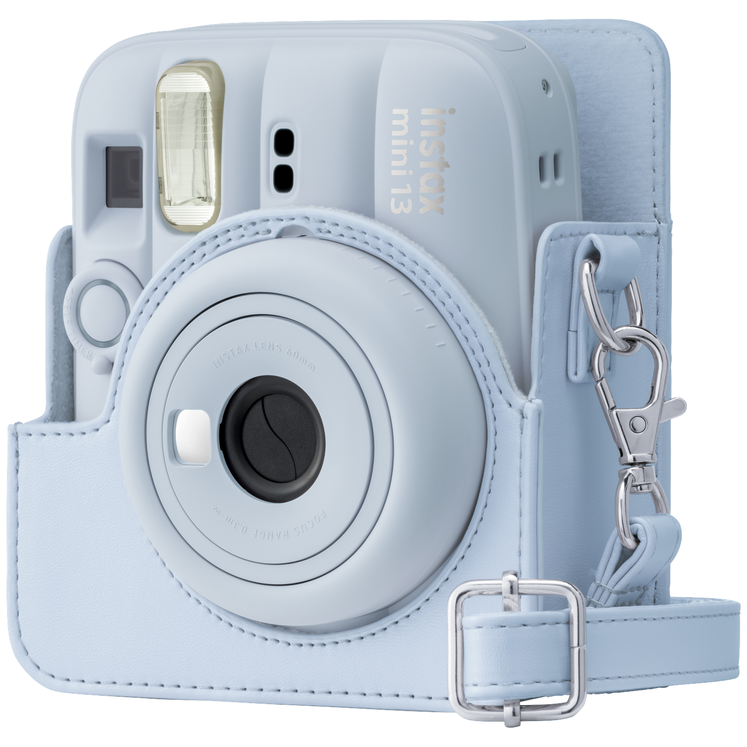 A light blue Instax Mini 13 camera in a matching light blue leather case with a silver strap clip.