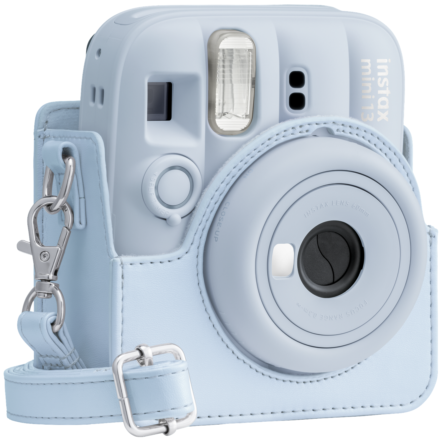 A light blue instant camera with a matching case and strap.