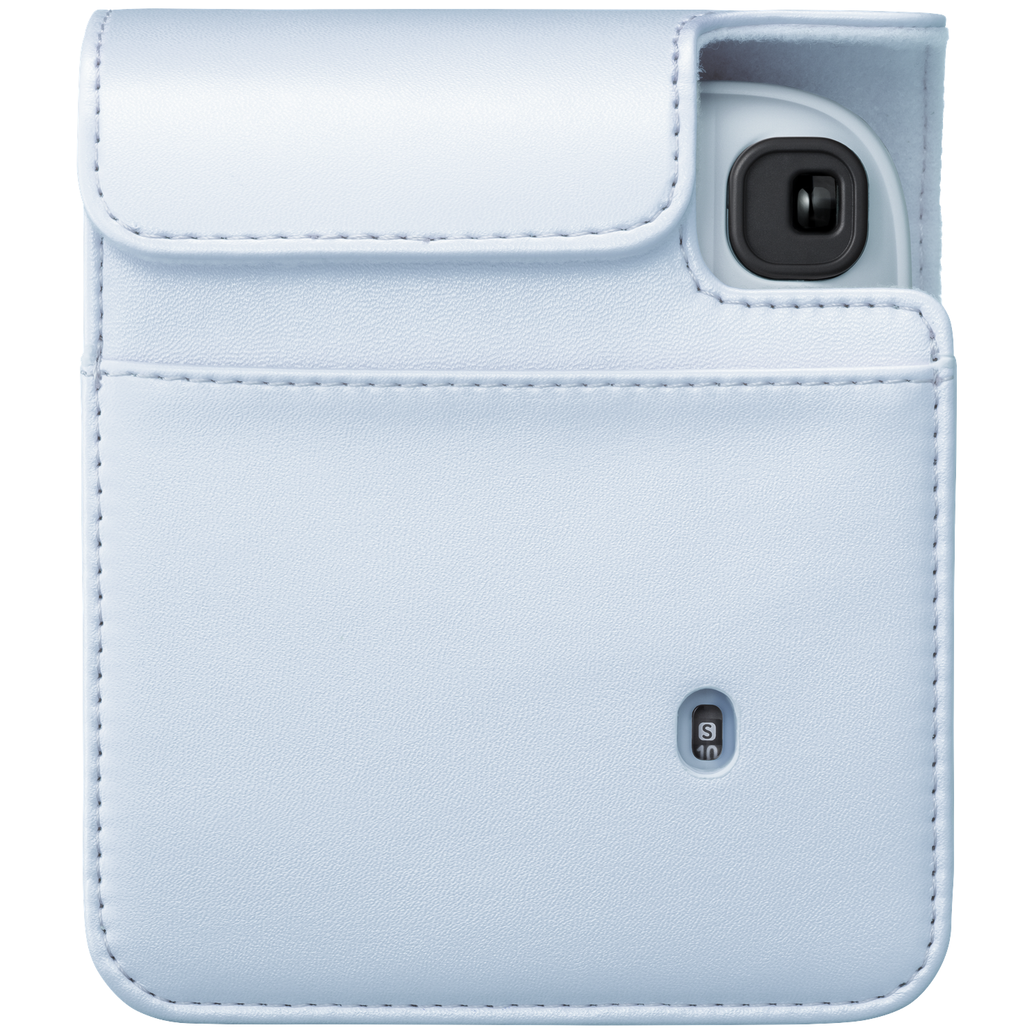 A light blue leather camera case with a visible lens and a small display.