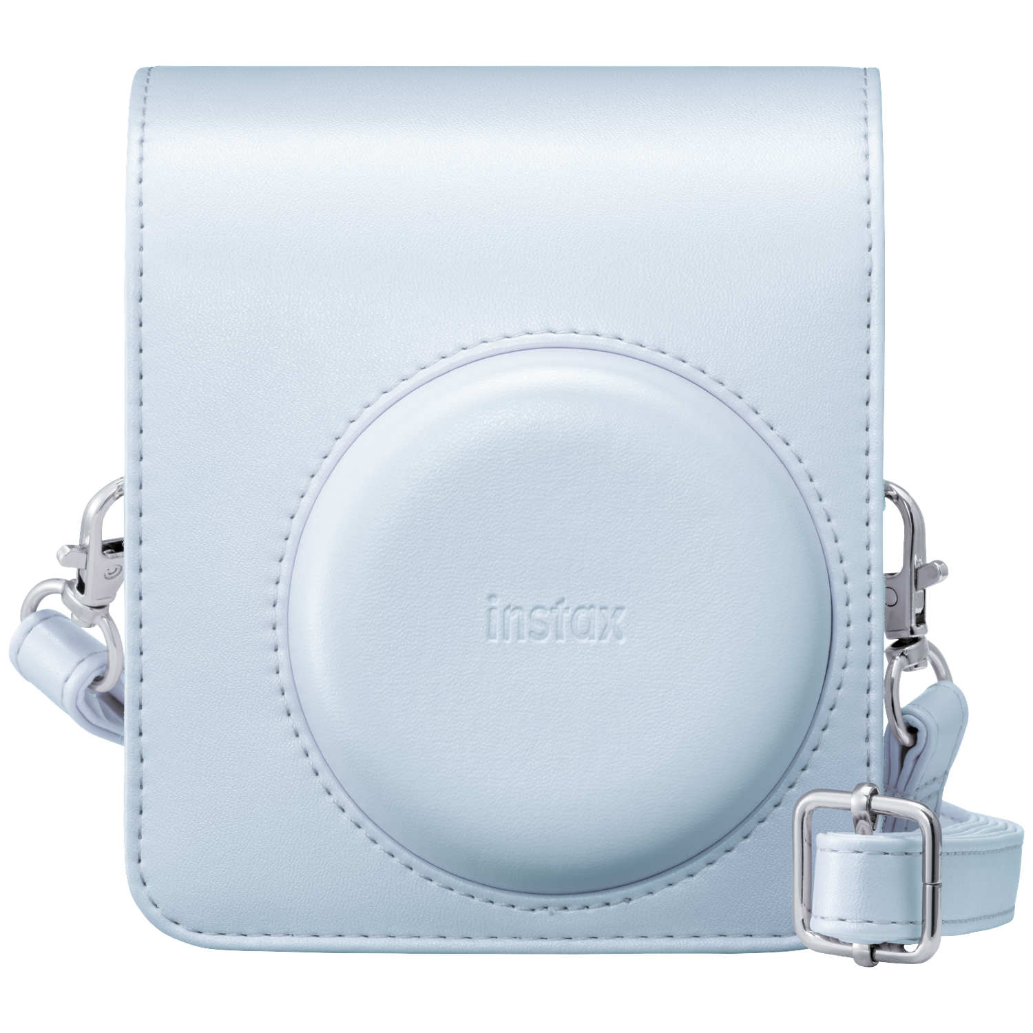 Light sky blue leather camera case with 'Instax' logo and shoulder strap.