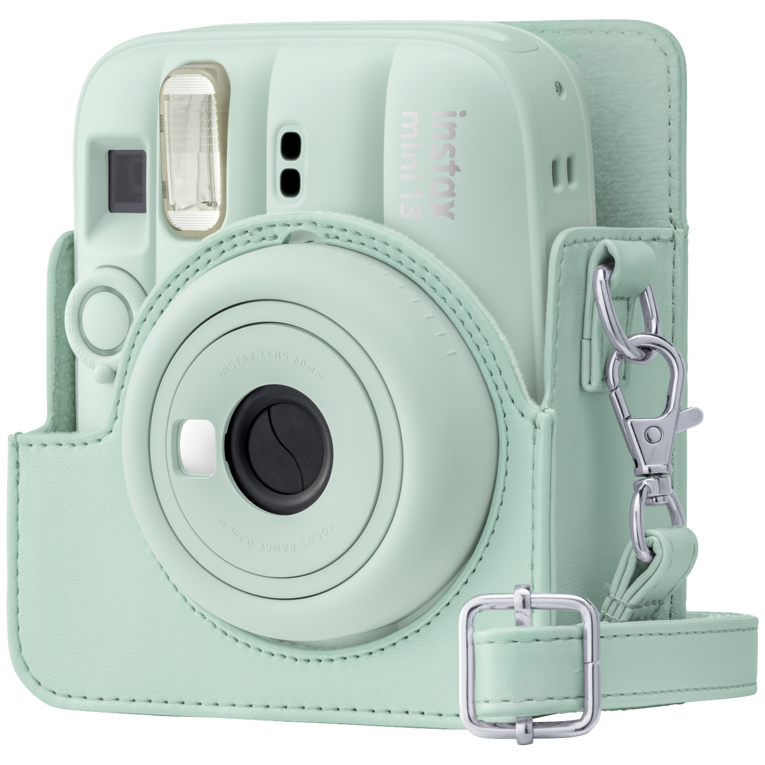 A mint green instant camera in a matching leather case with a shoulder strap.