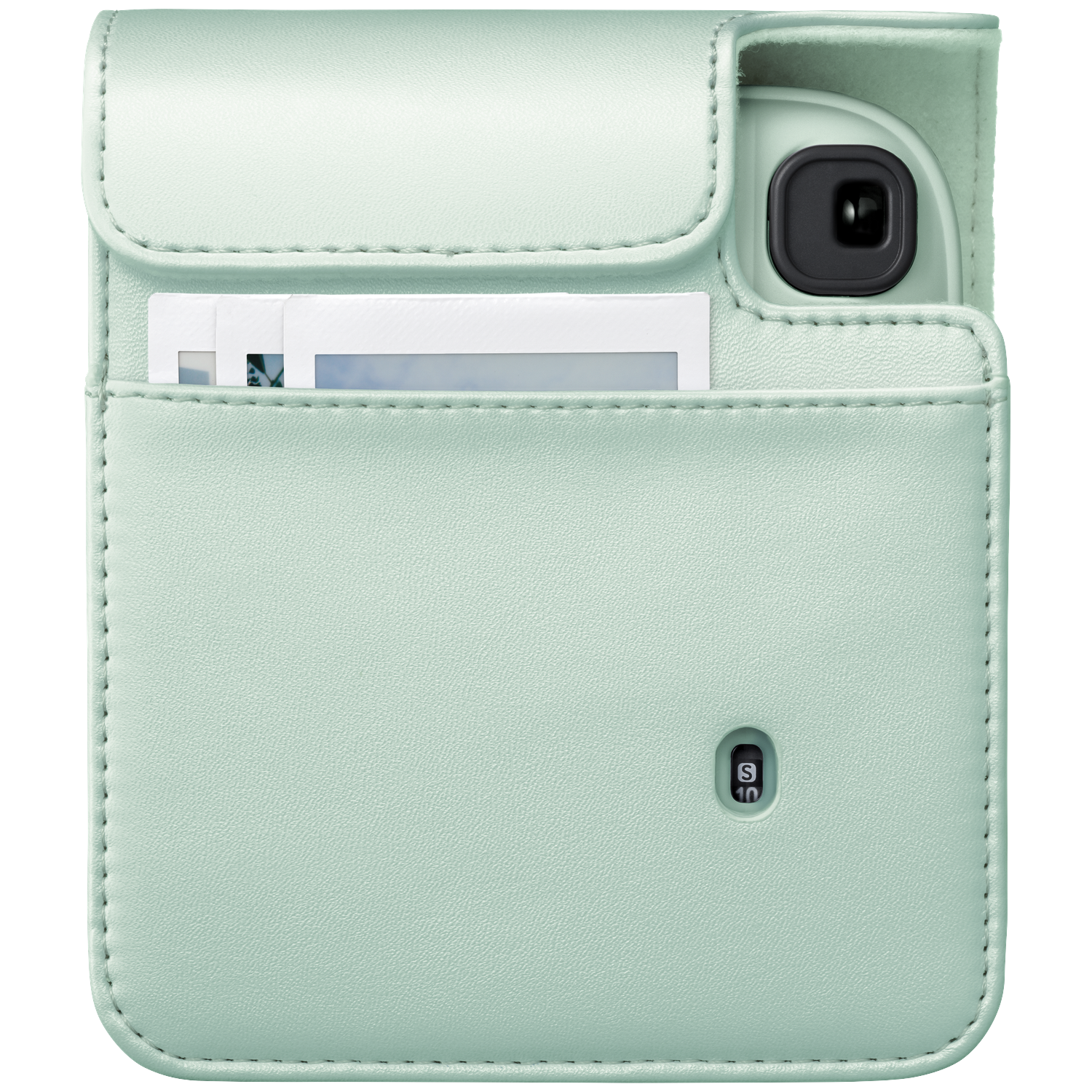 Light green leather camera case with pockets for photos and a lens cutout.