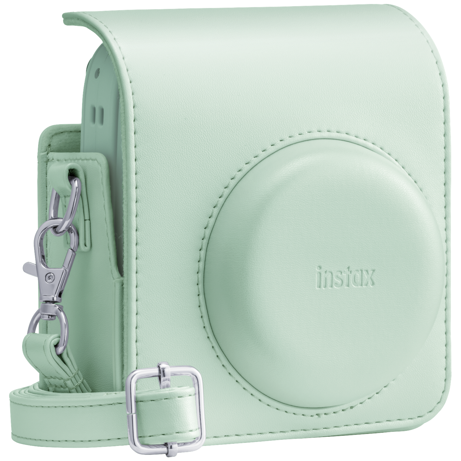 A light green camera case with Instax logo and silver hardware.