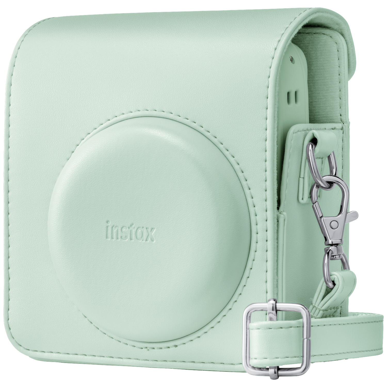 A light green leather case for an instant camera, featuring a strap.