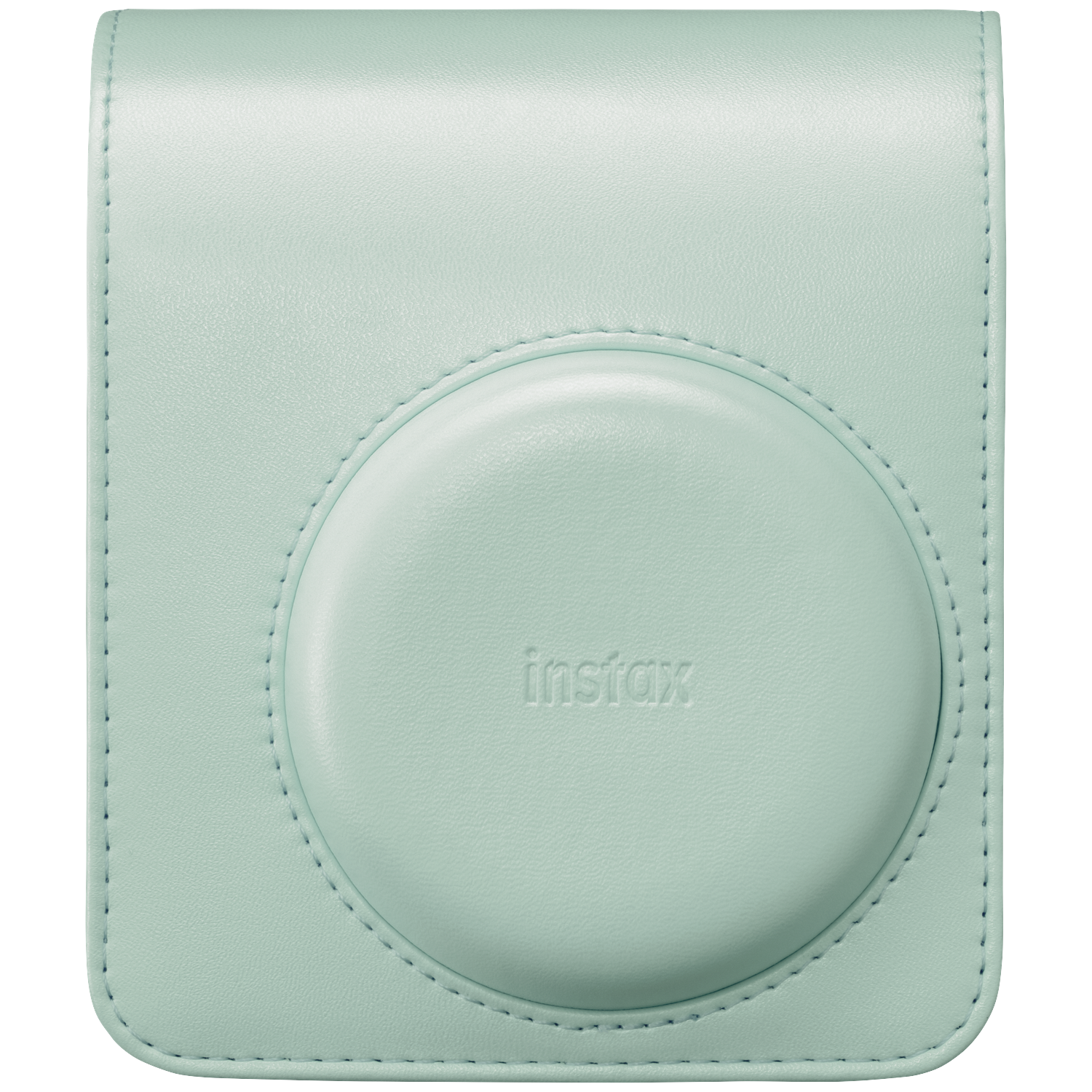 A light green leather camera case with an embossed 'Instax' logo.