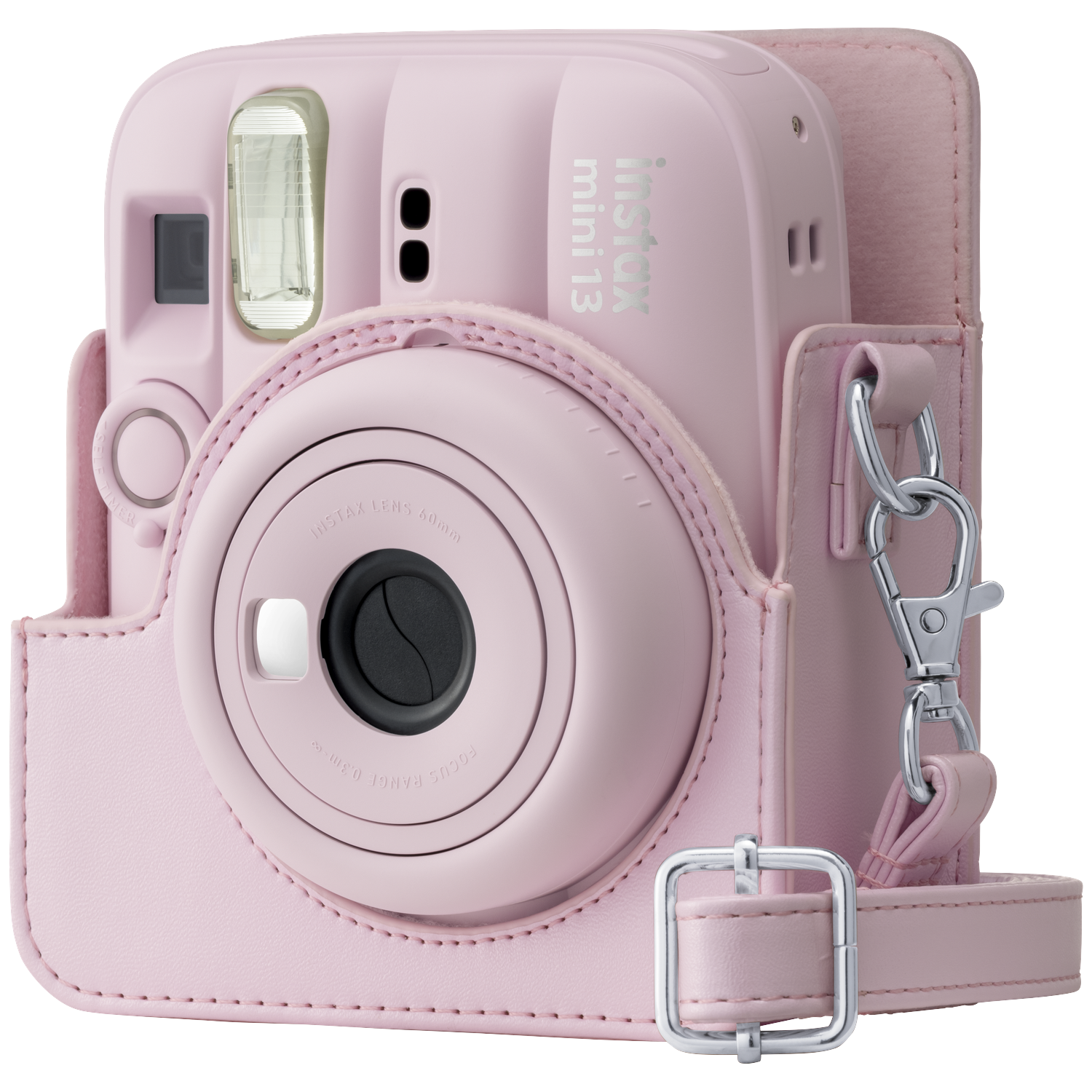 A pink instant camera with a matching case and a strap.
