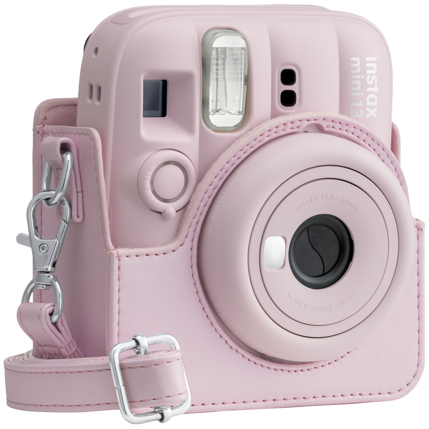 A pink instant camera in a leather case with silver hardware.