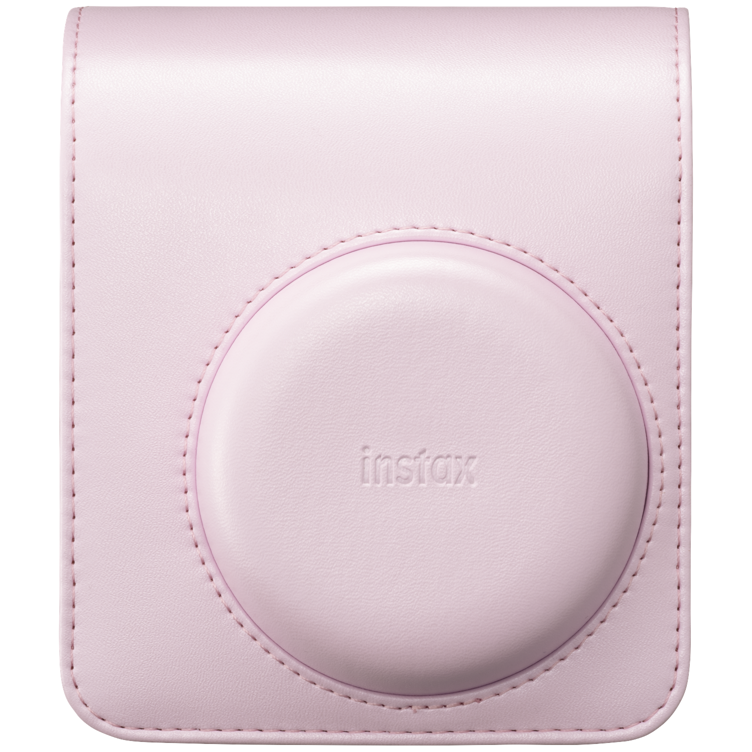 A light pink leather camera case with the embossed text "Instax".