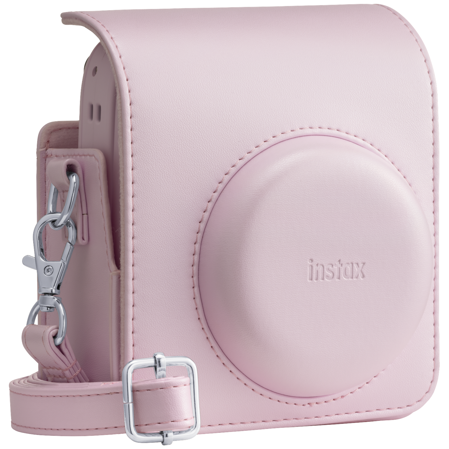 A pink camera case with an Instax logo and silver hardware.