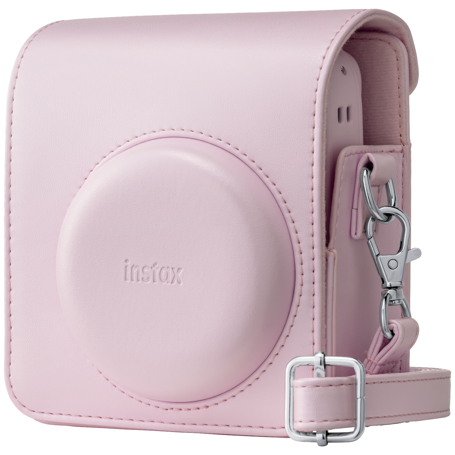 A pink camera case with embossed "instax" logo and silver buckles.