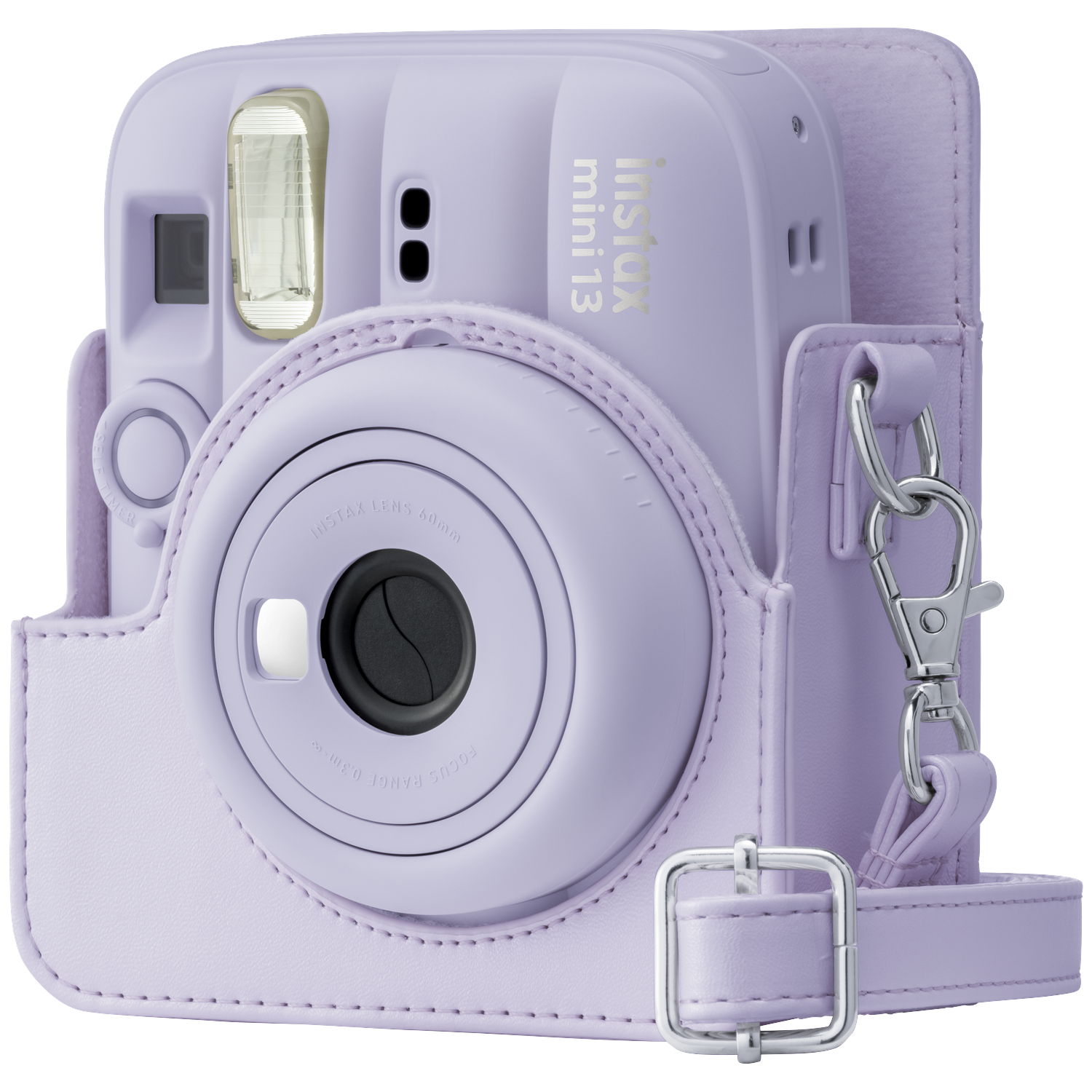A purple instant camera with a matching case and a strap.