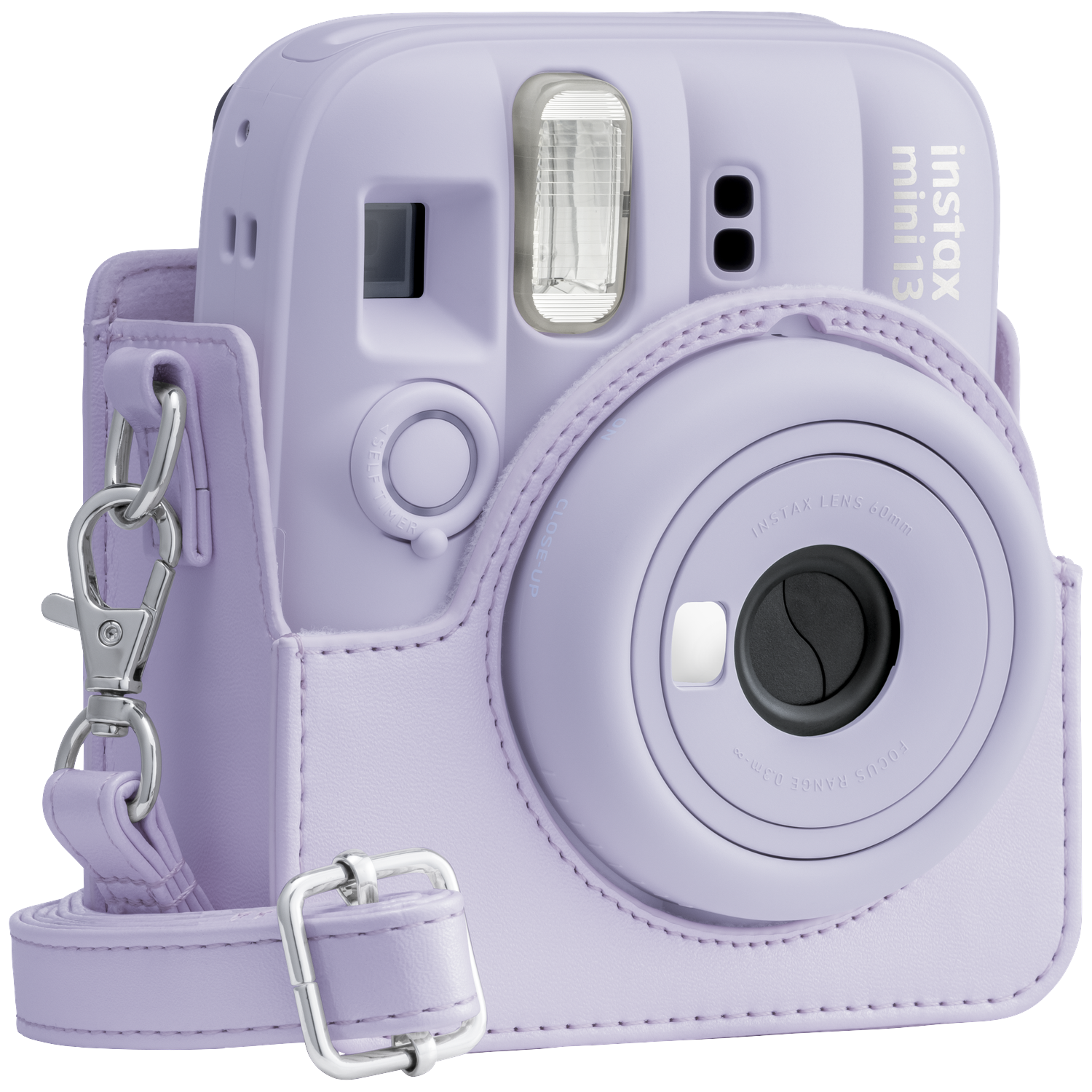 A lavender Instax Mini 13 camera with a matching leather case.