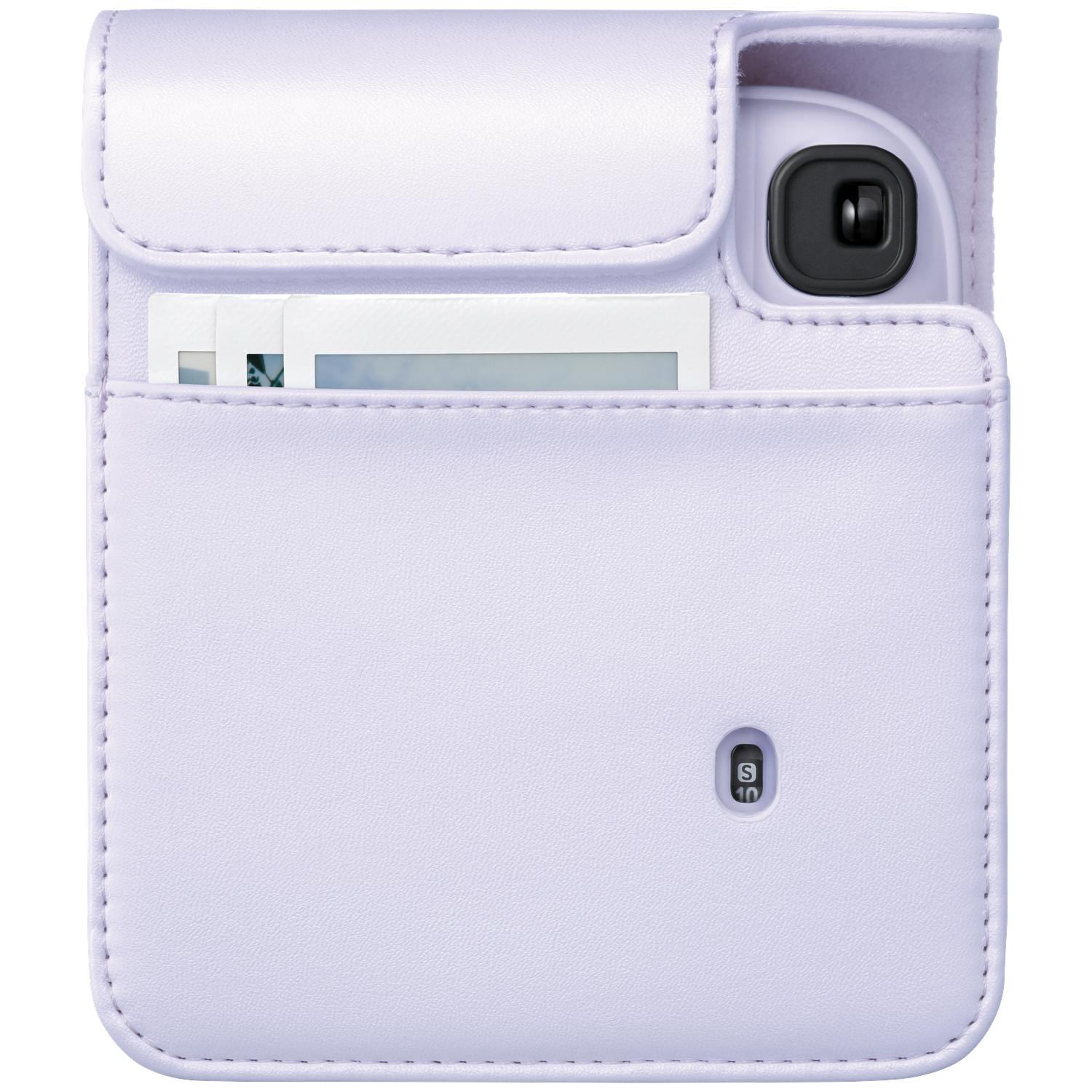 A lavender camera case with slots for photos and a viewfinder.