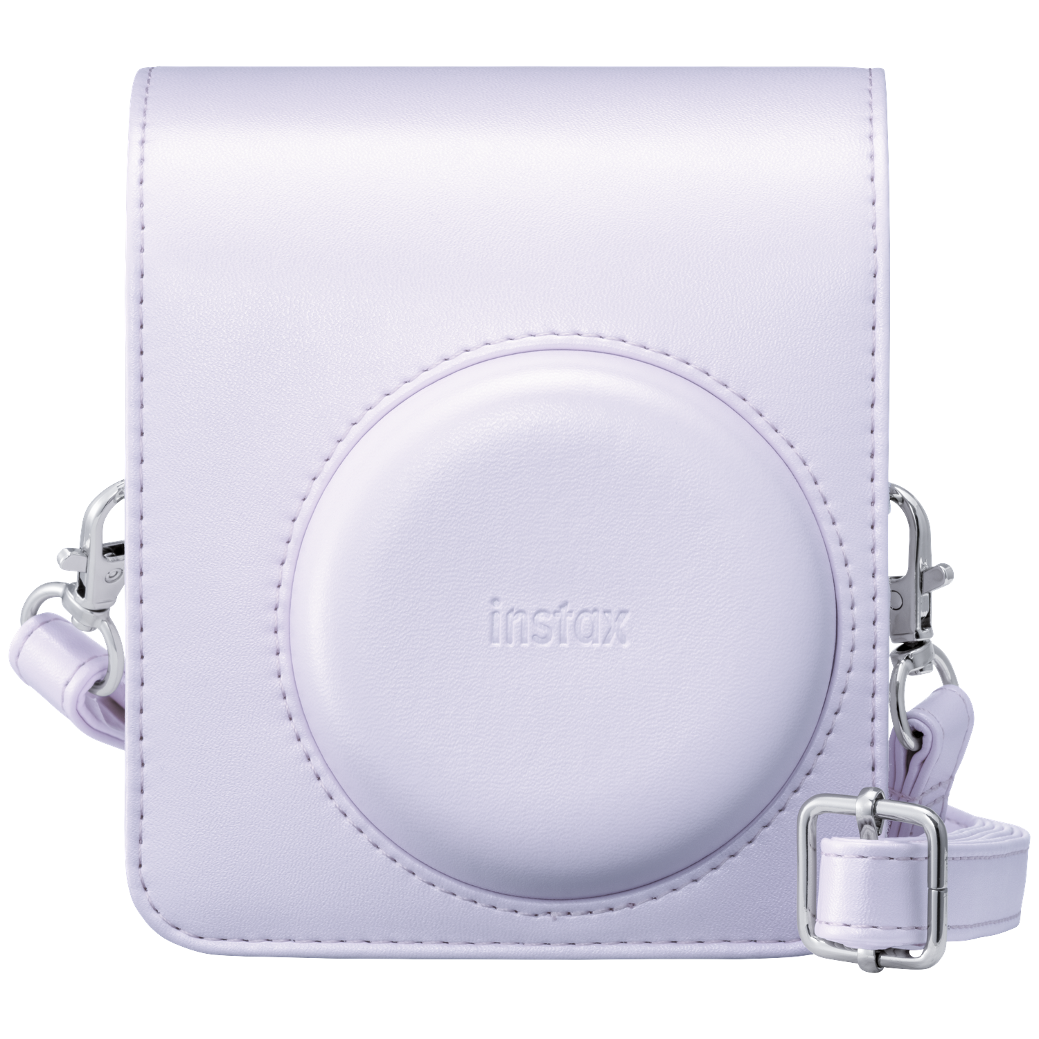 A lavender camera case with "instax" embossed on the front.