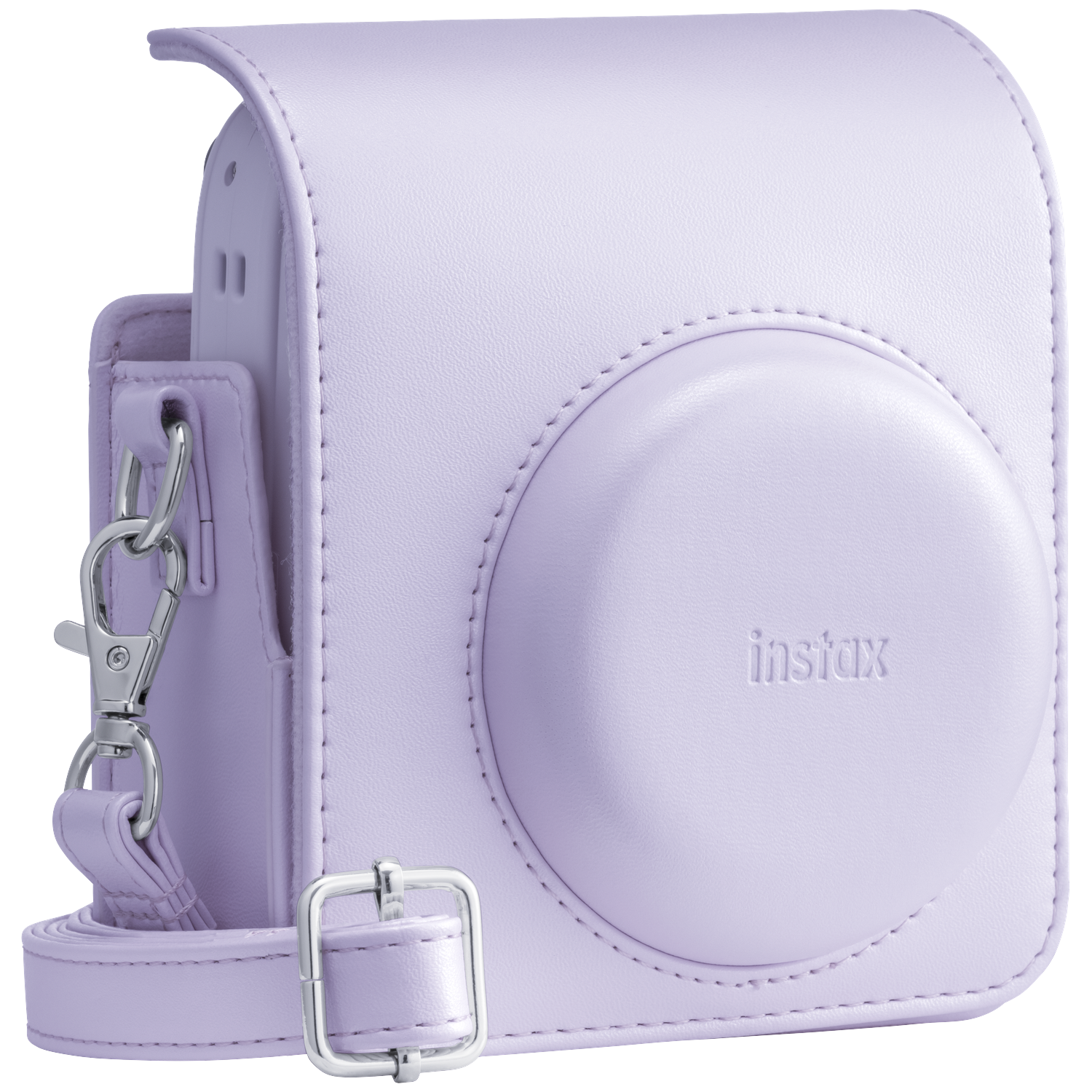 A lavender leather camera case with a strap and silver hardware.