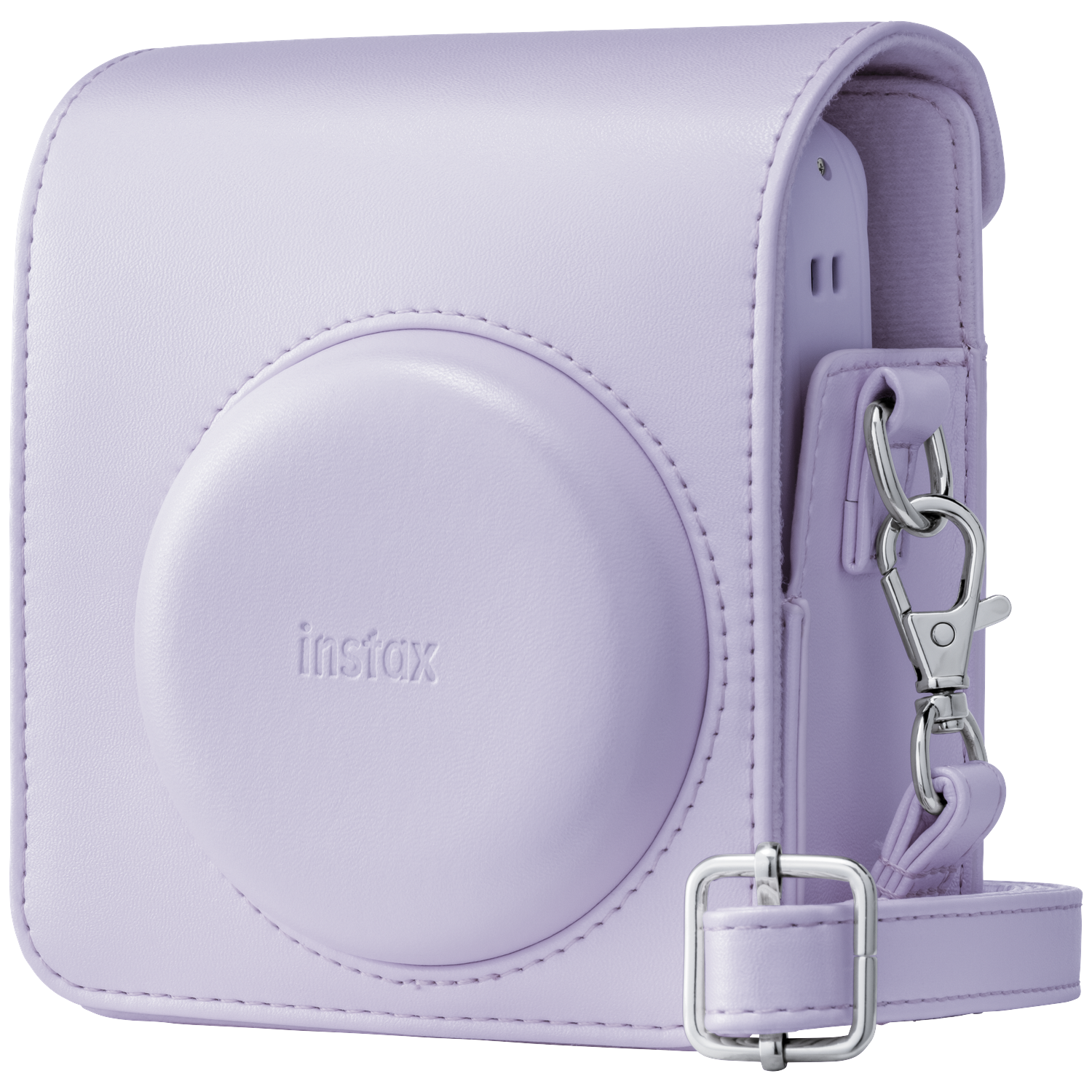 A lavender leather camera case with an "instax" logo and a shoulder strap.