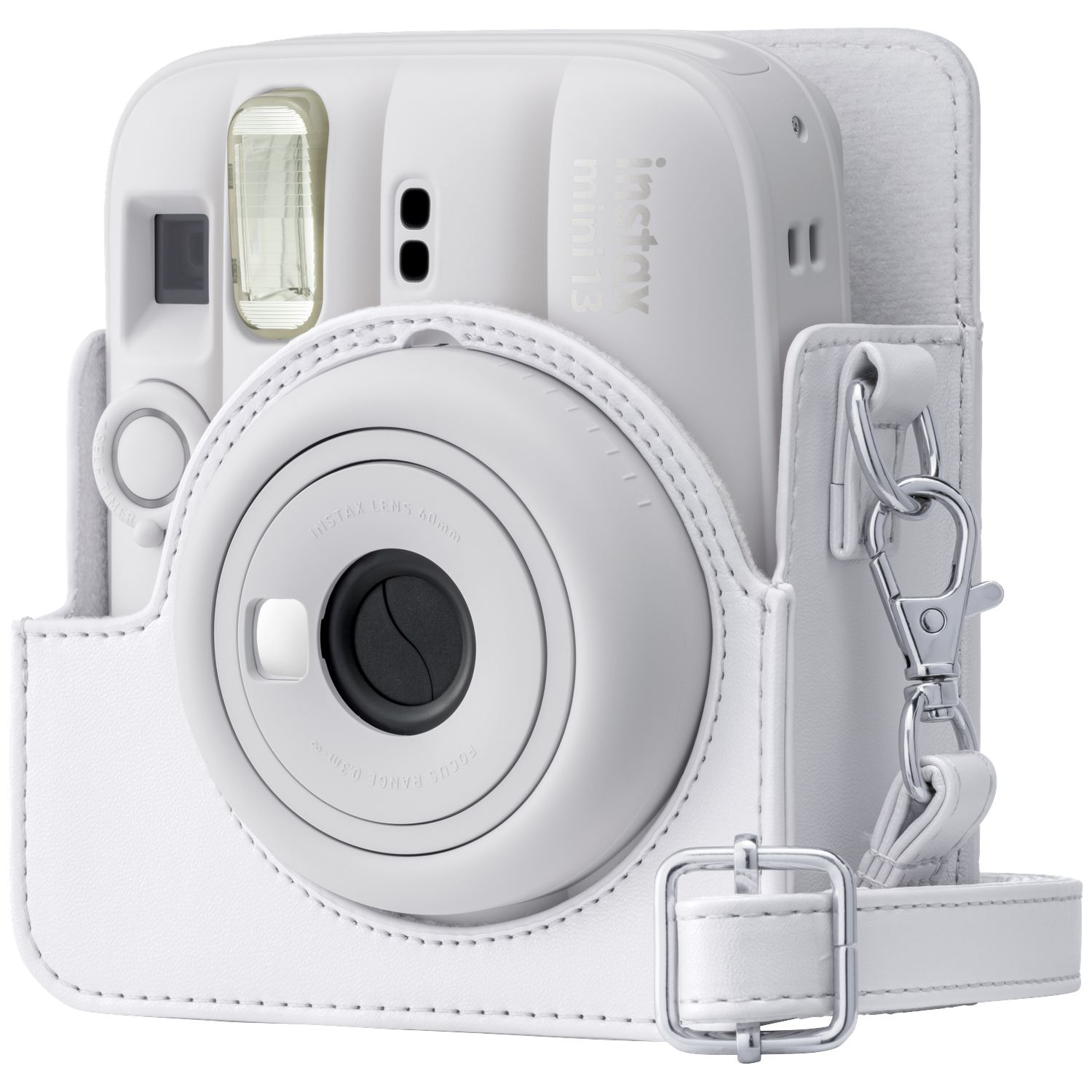 A white instant camera in a matching white case with a strap.