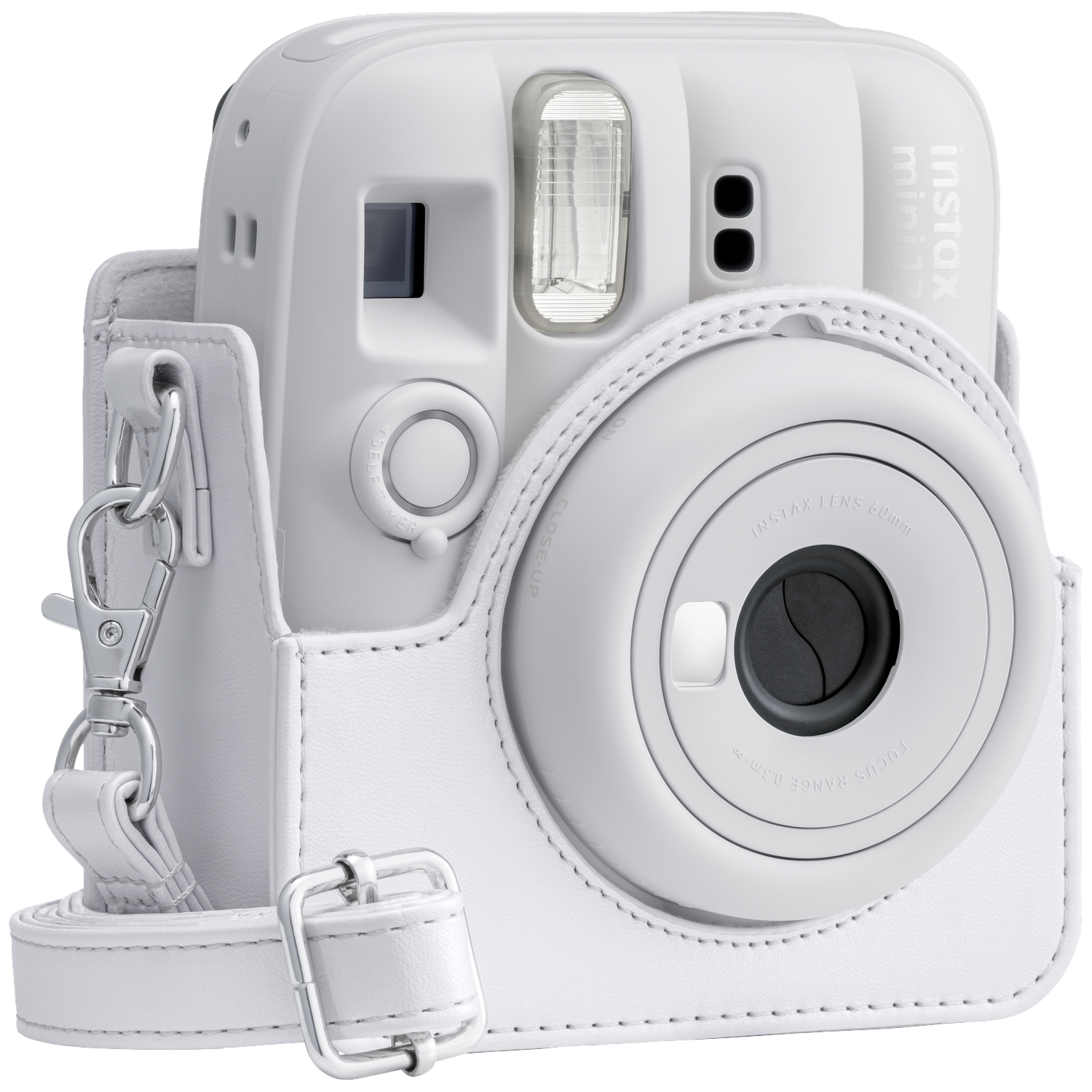 A white instant camera with matching case and strap.