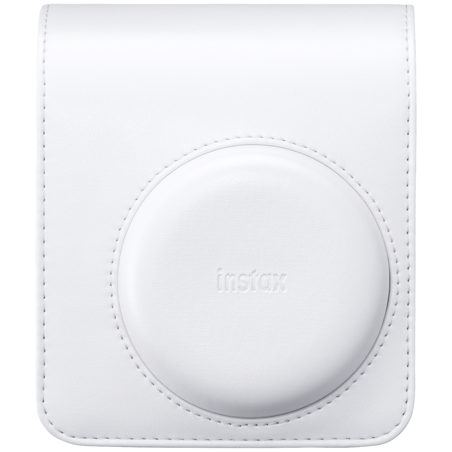 A white leather case for an instant camera, embossed with 'Instax'.