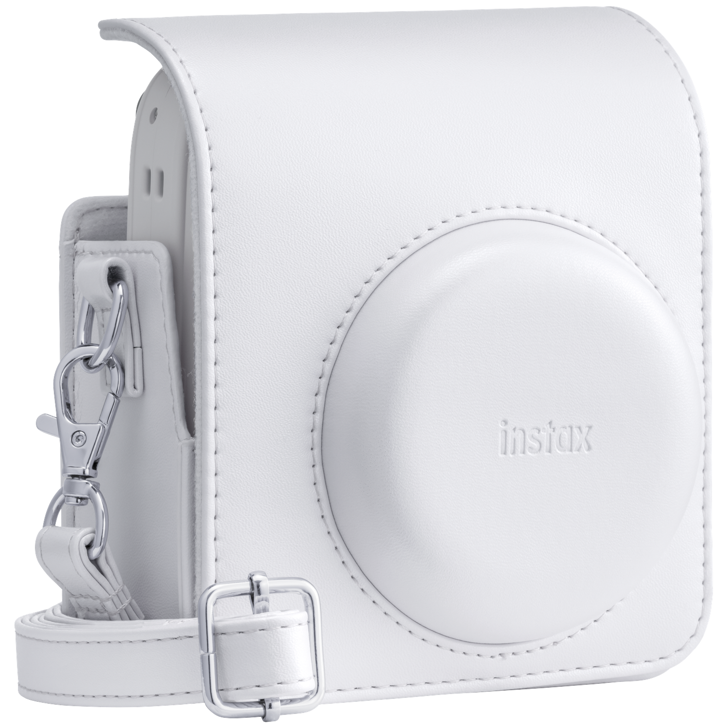 White leather case for Instax camera with strap and buckle detail.