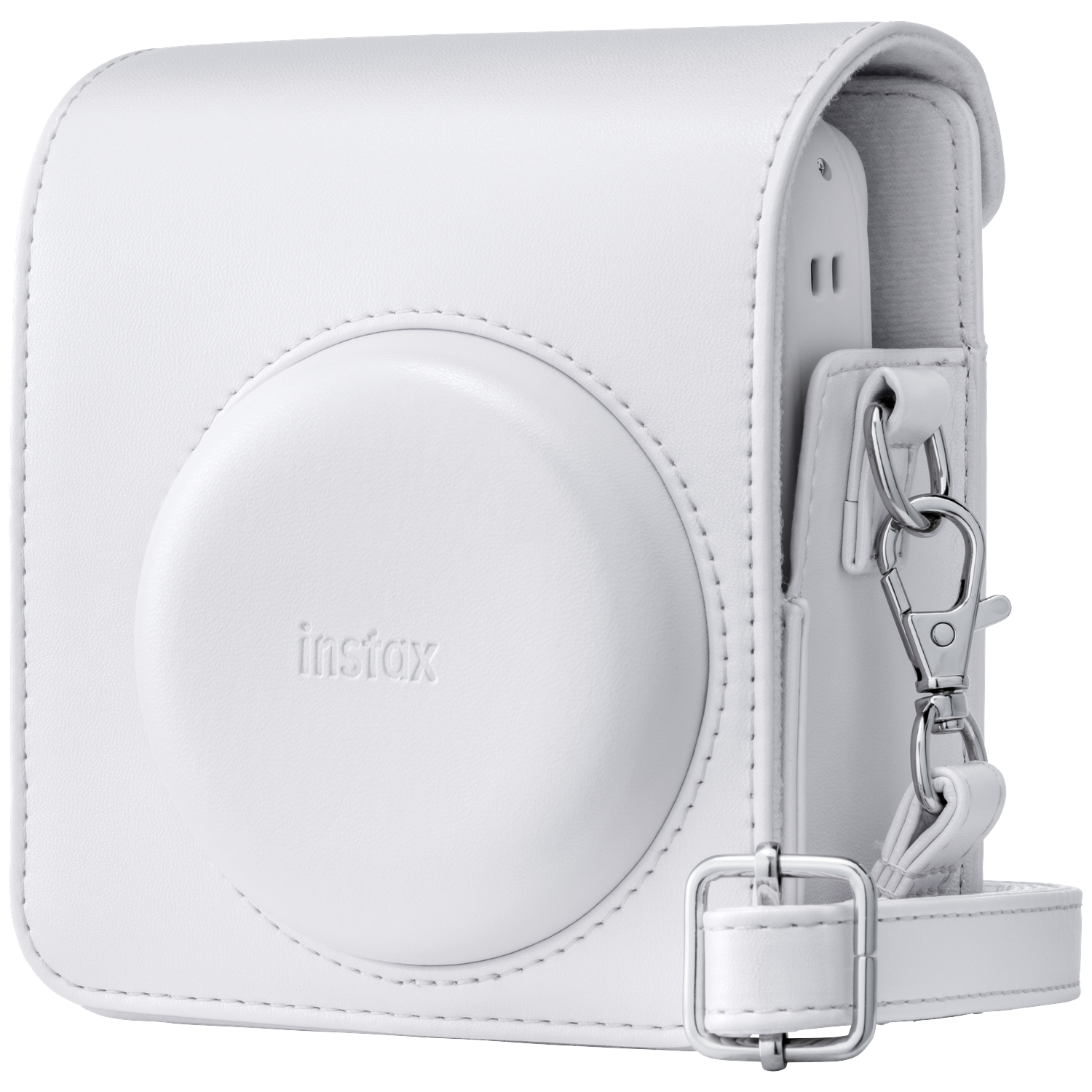 White leather Instax camera case with strap and buckle detail.