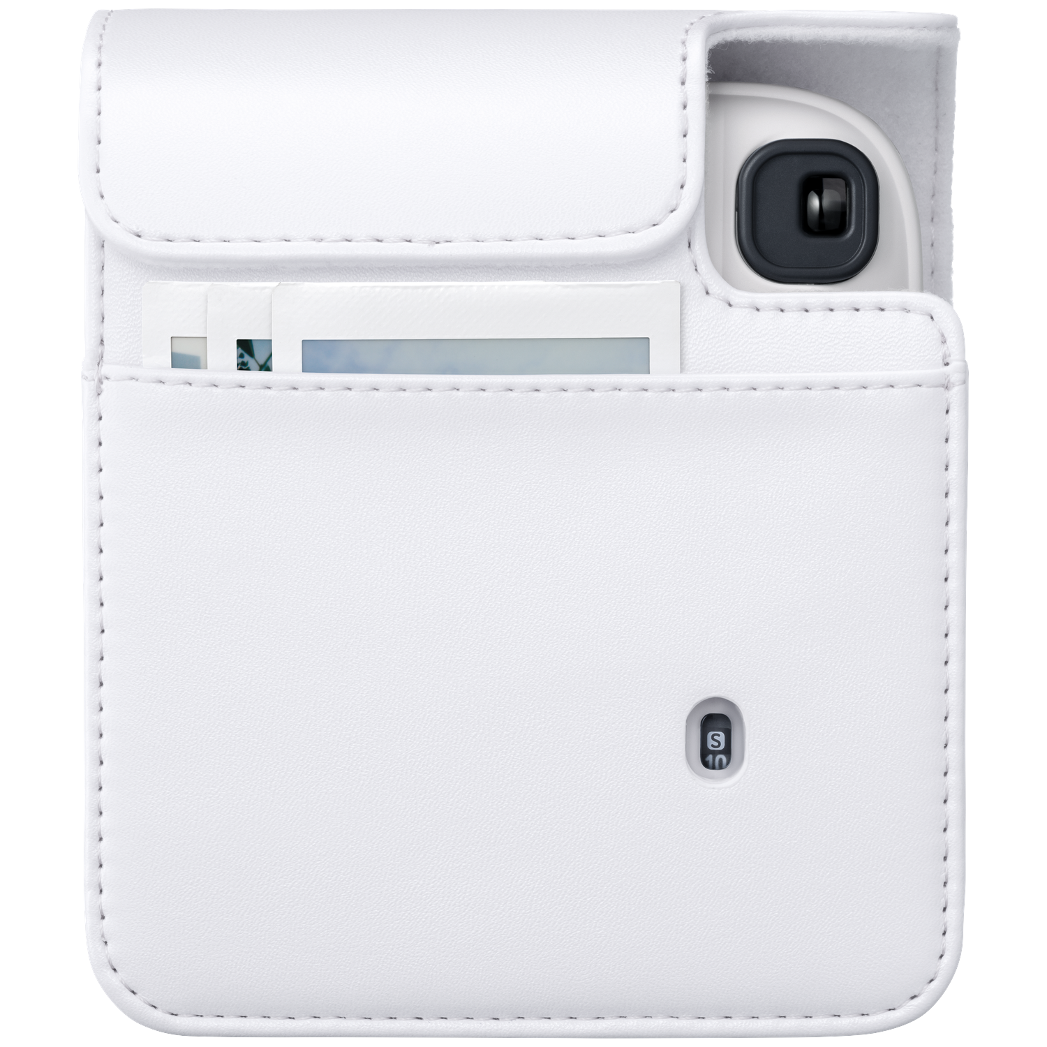 White leather case for an instant camera holding two photos.
