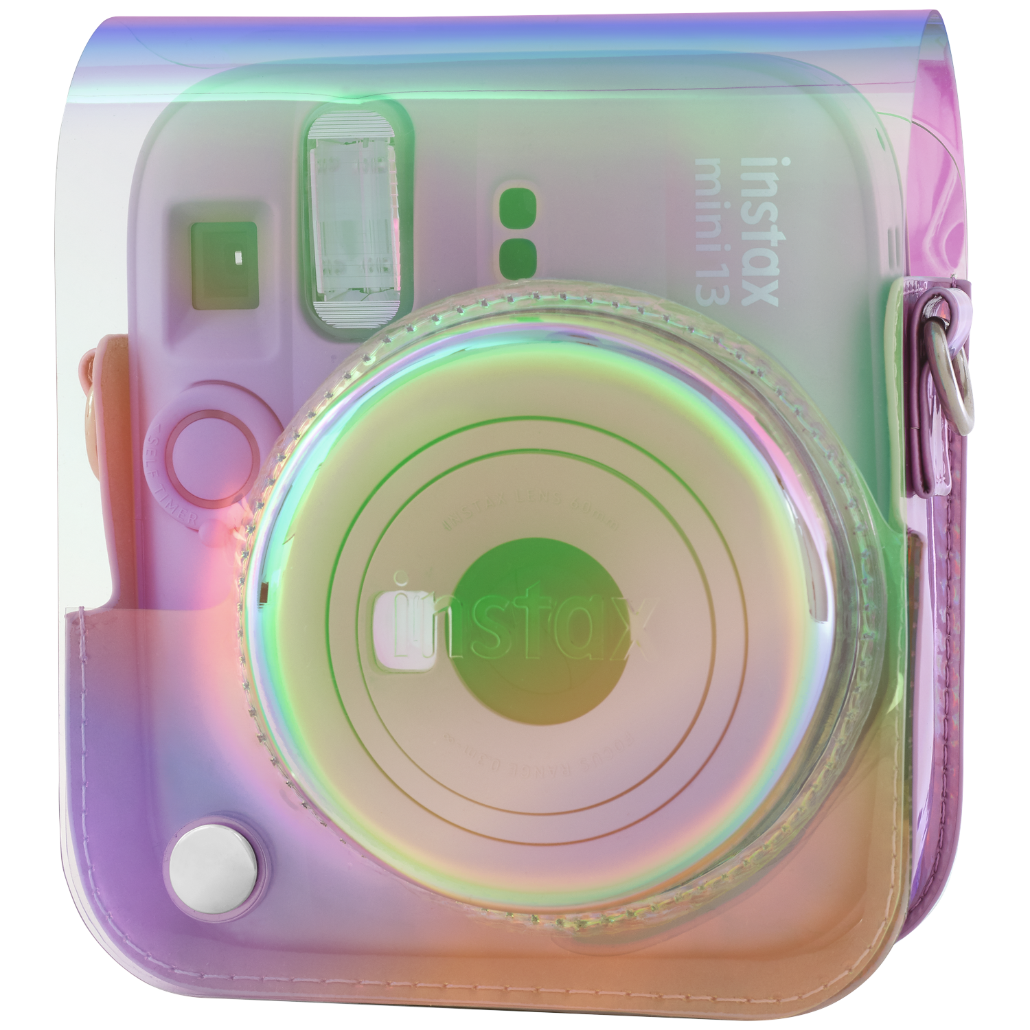 Iridescent clear camera case with rainbow gradient colors.
