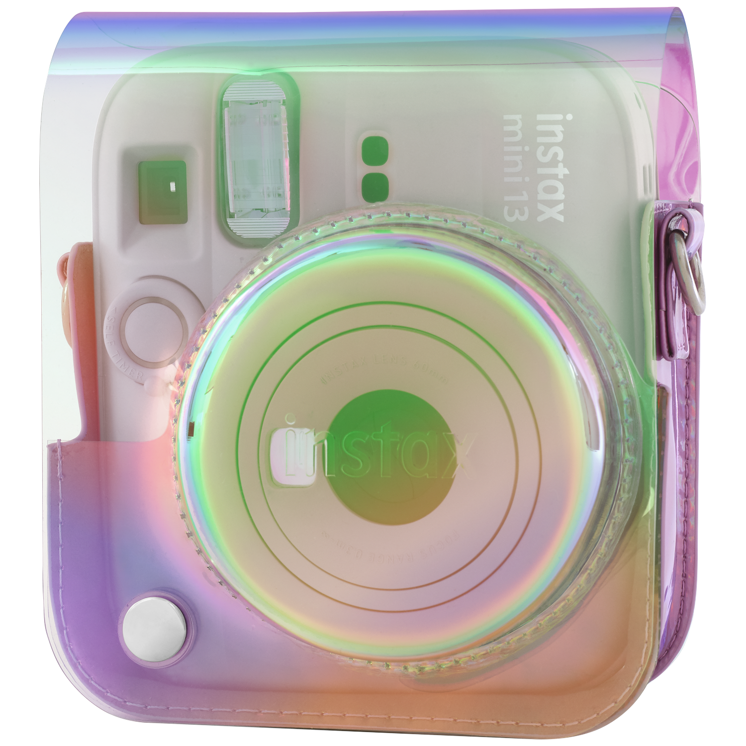 A clear, iridescent case holding a camera.