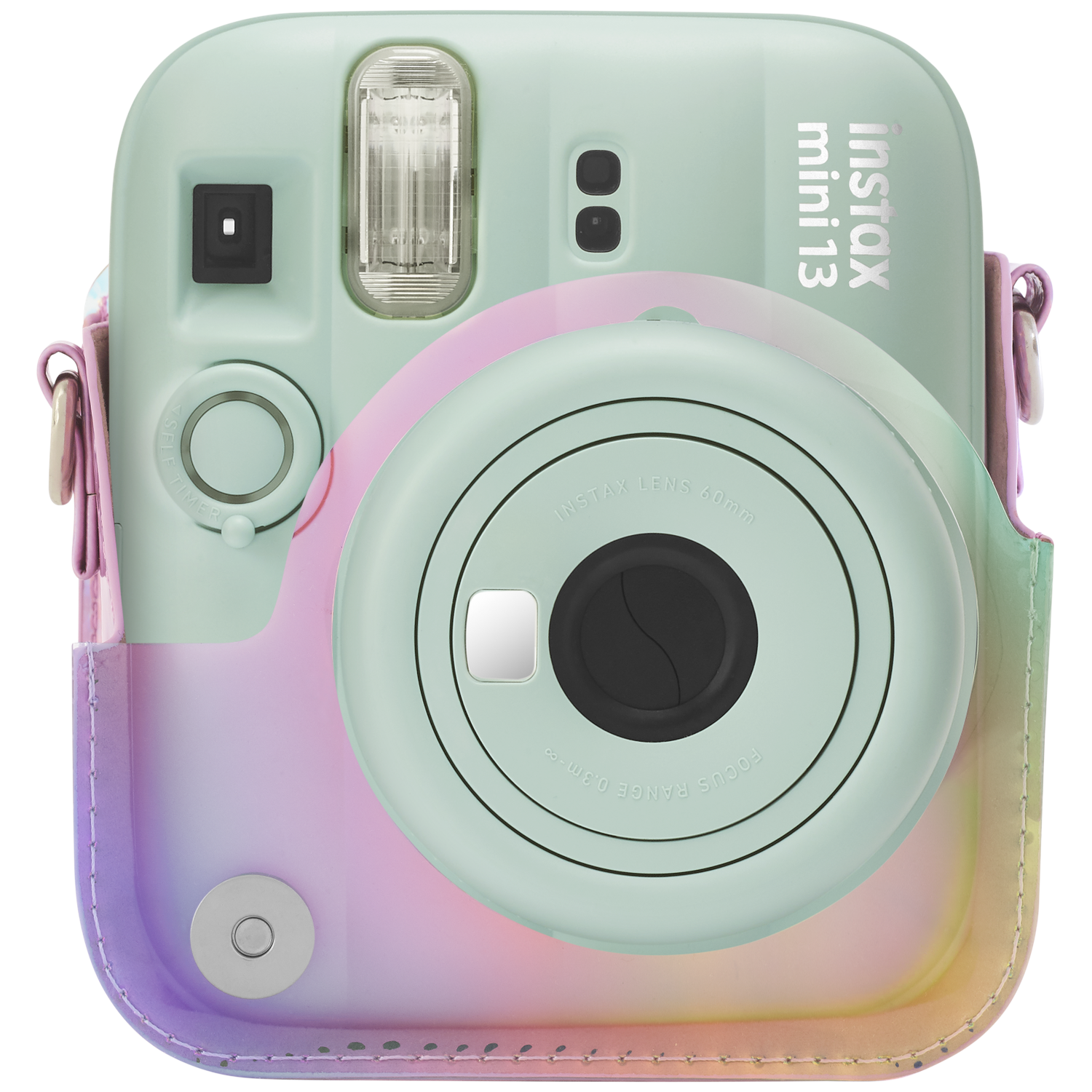 A mint green Instax Mini 13 camera with a rainbow iridescent case.