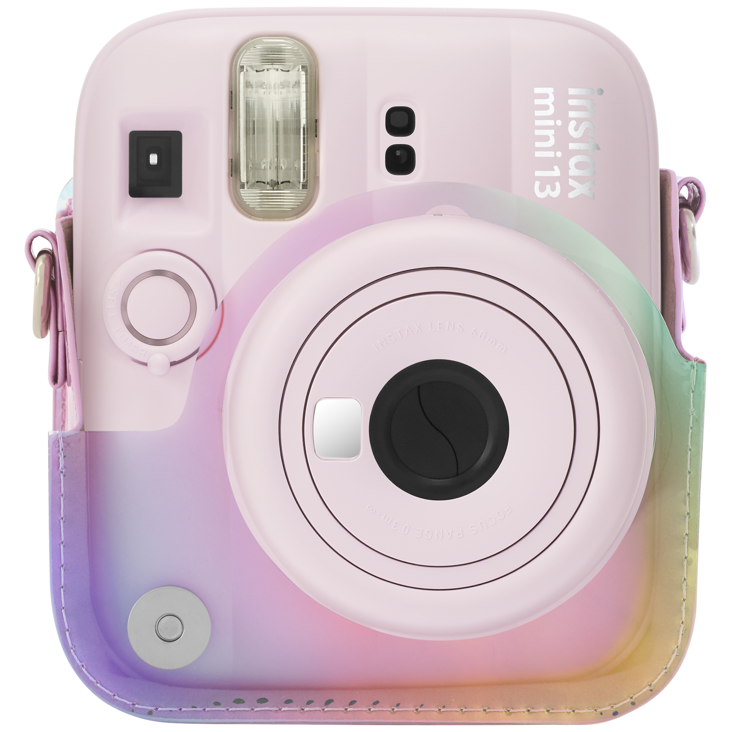 A pink Instax Mini 13 camera with a colorful, translucent case.