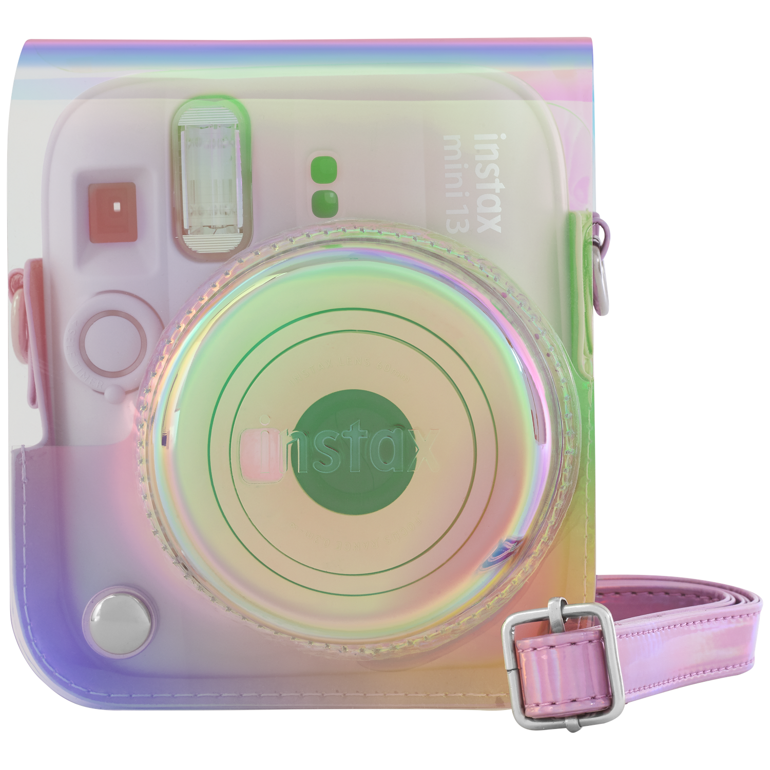 A clear, iridescent case protects a pink Instax Mini 13 camera with a pink strap.