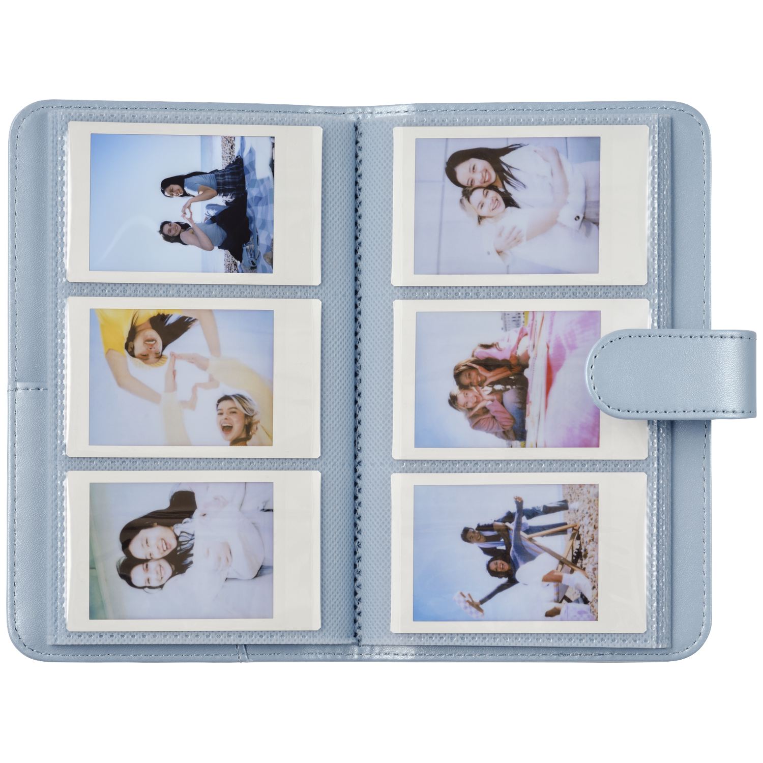 A light blue photo album with six instant photos of people.