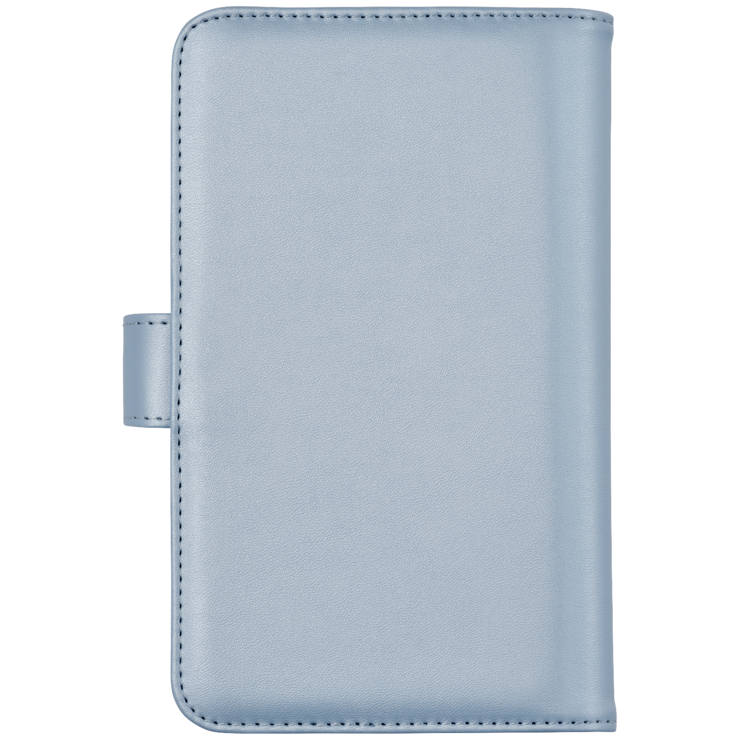Light blue leather case with stitching and a strap closure.