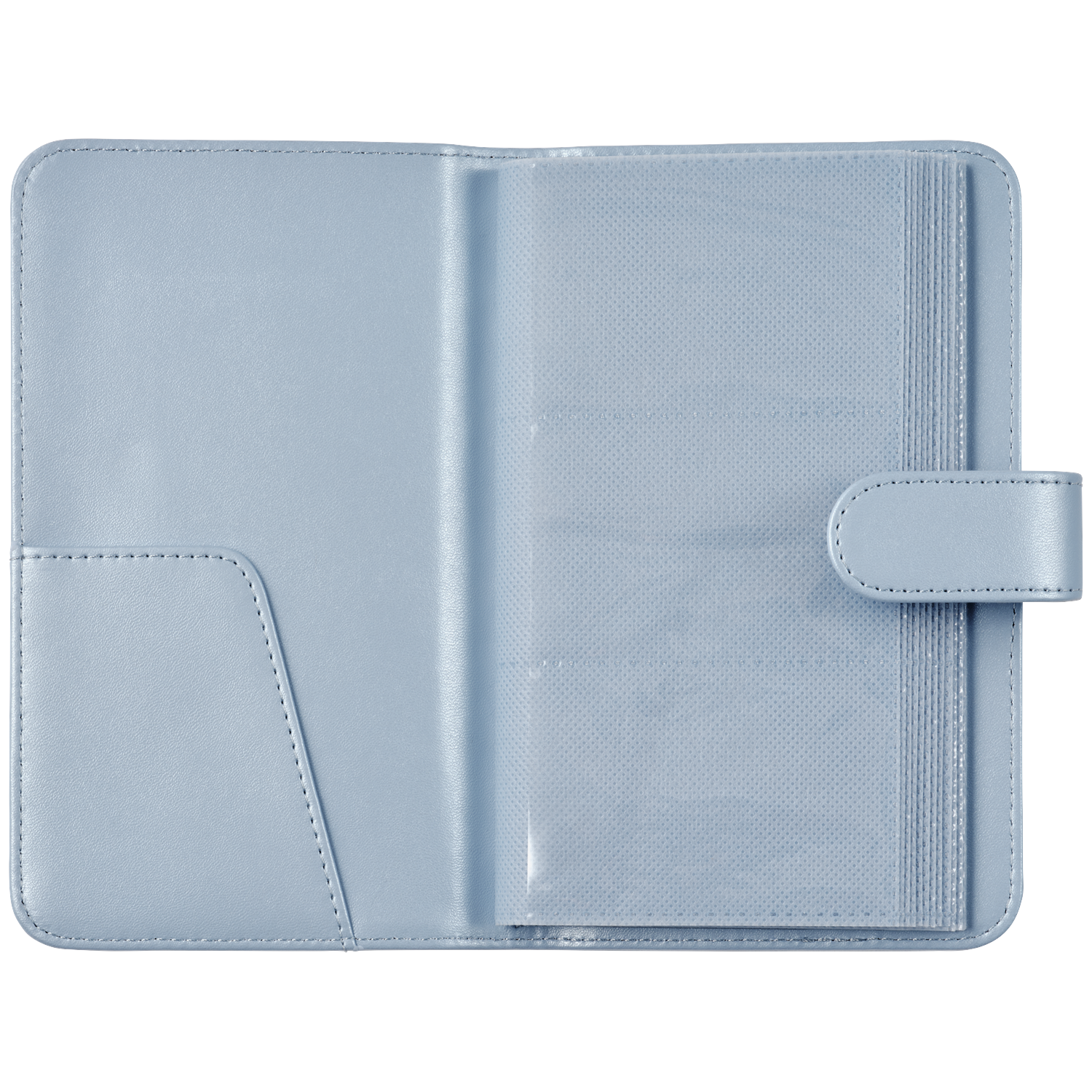 Open light blue faux leather organizer with card slots and clear page protectors.
