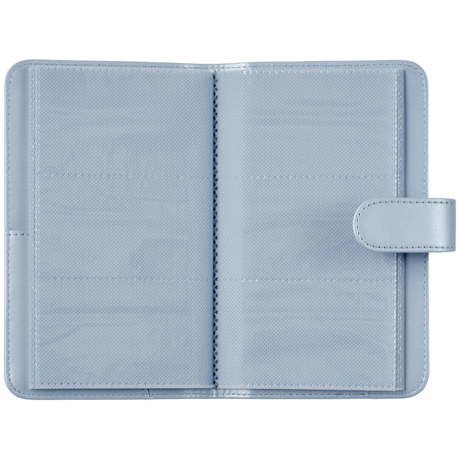 A light blue photo album with a snap closure, shown open and empty.