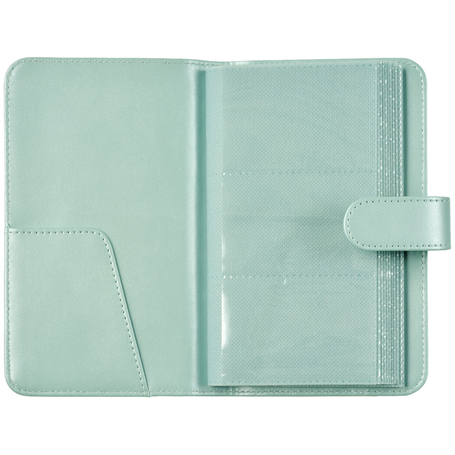 A light green binder is open, showing a photo pocket and a flap closure.