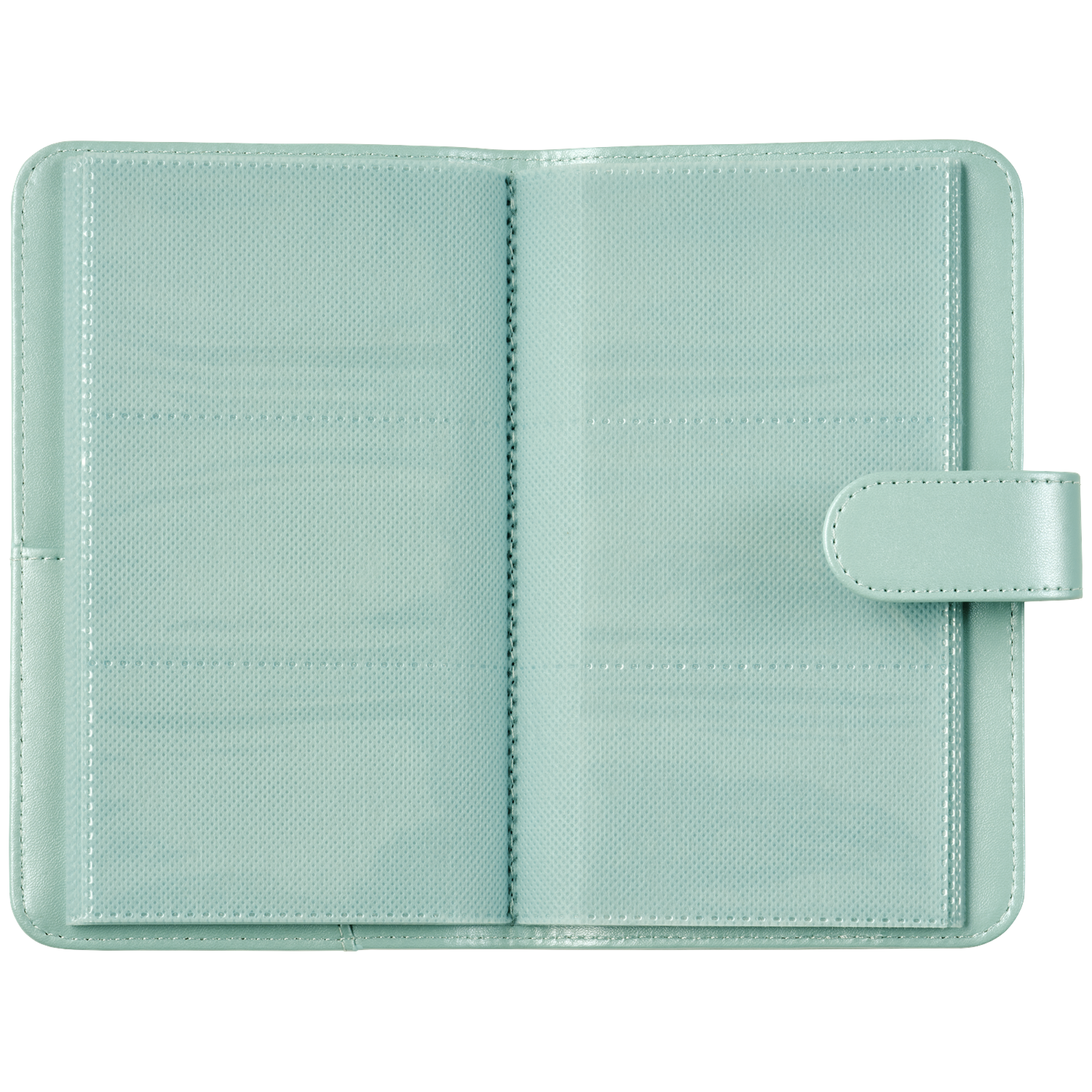A light green photo album cover with empty plastic sleeves.