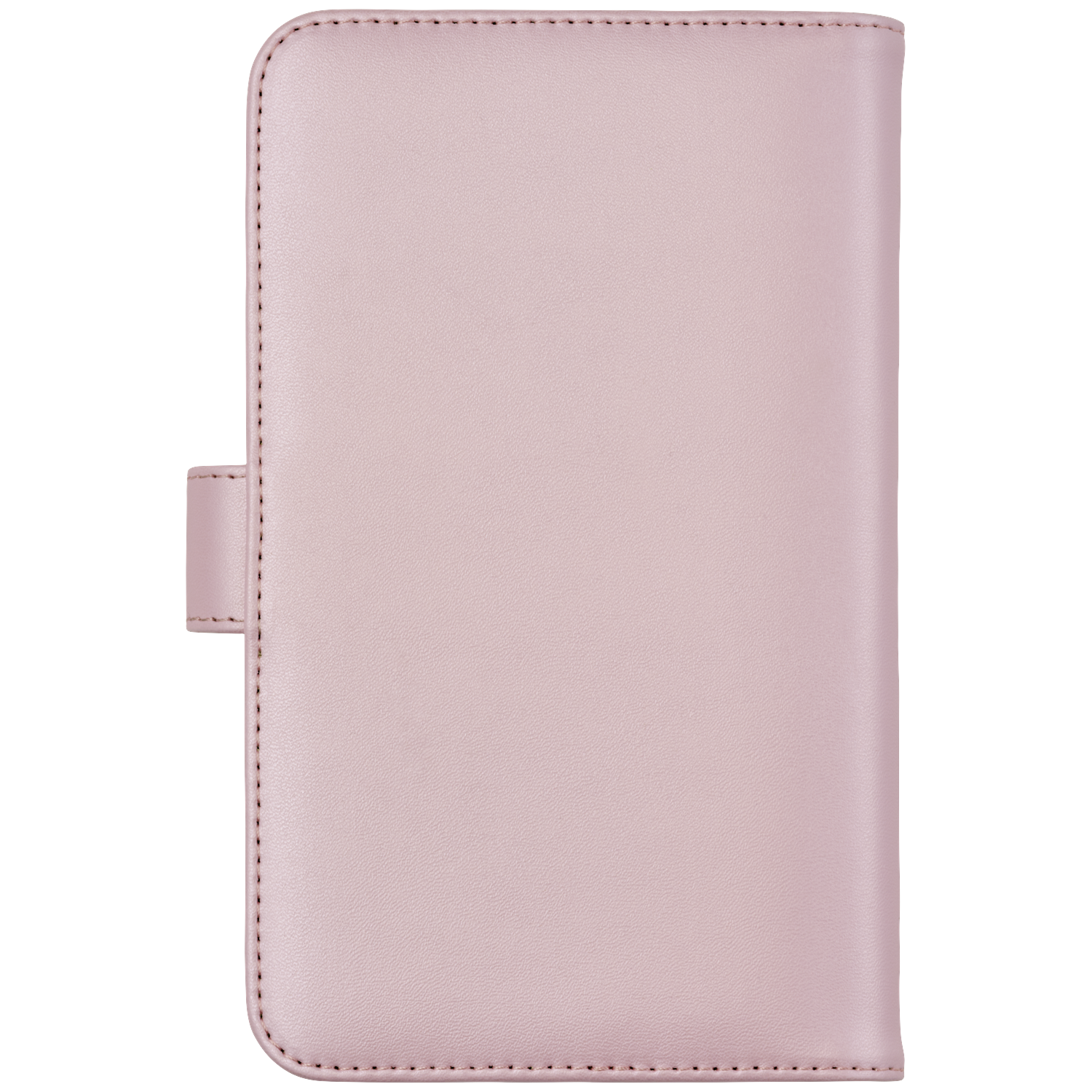 A light pink leather case with stitching and a strap closure.
