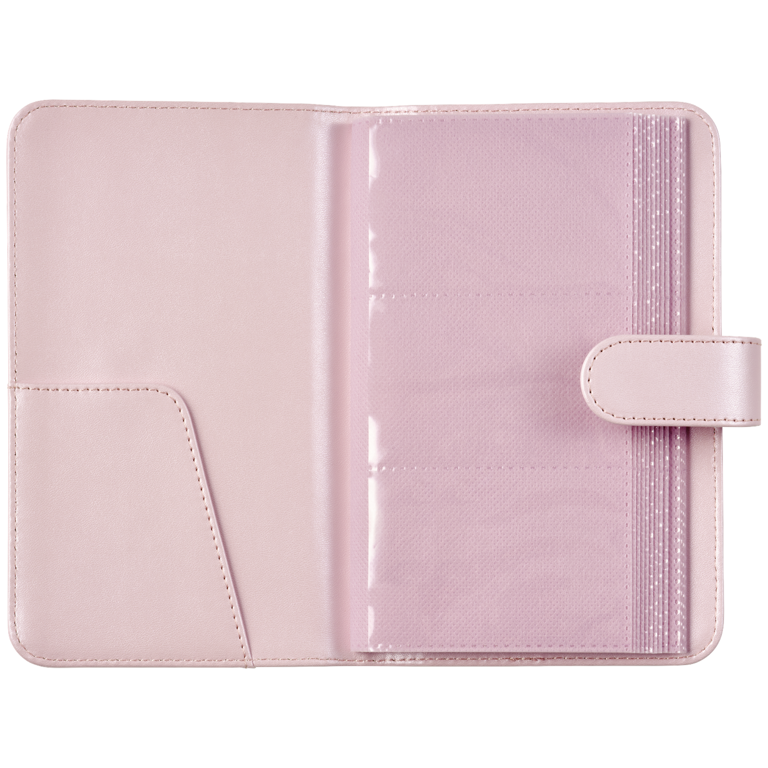 A light pink photo album with two compartments and a snap closure.