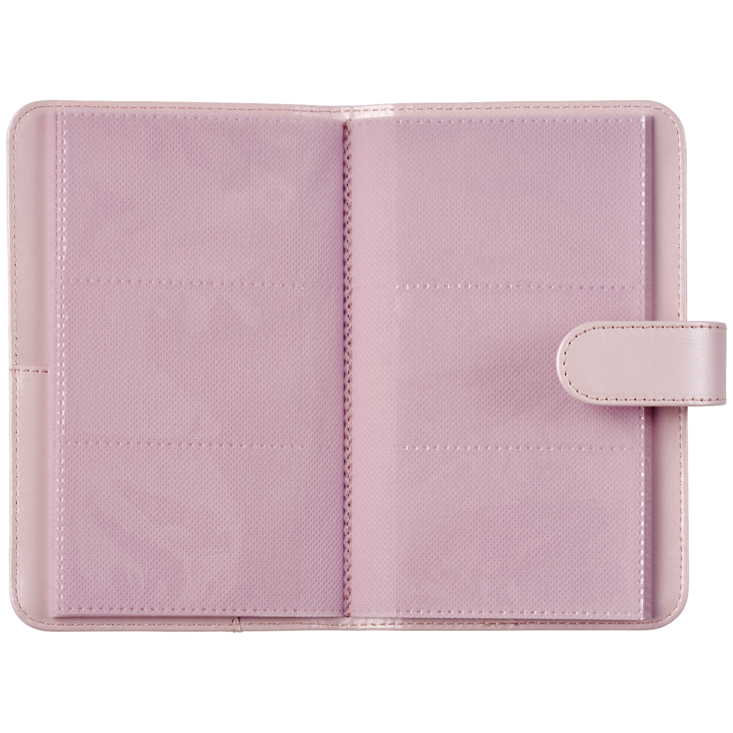 An open, light pink photo album with empty transparent sleeves on both pages.