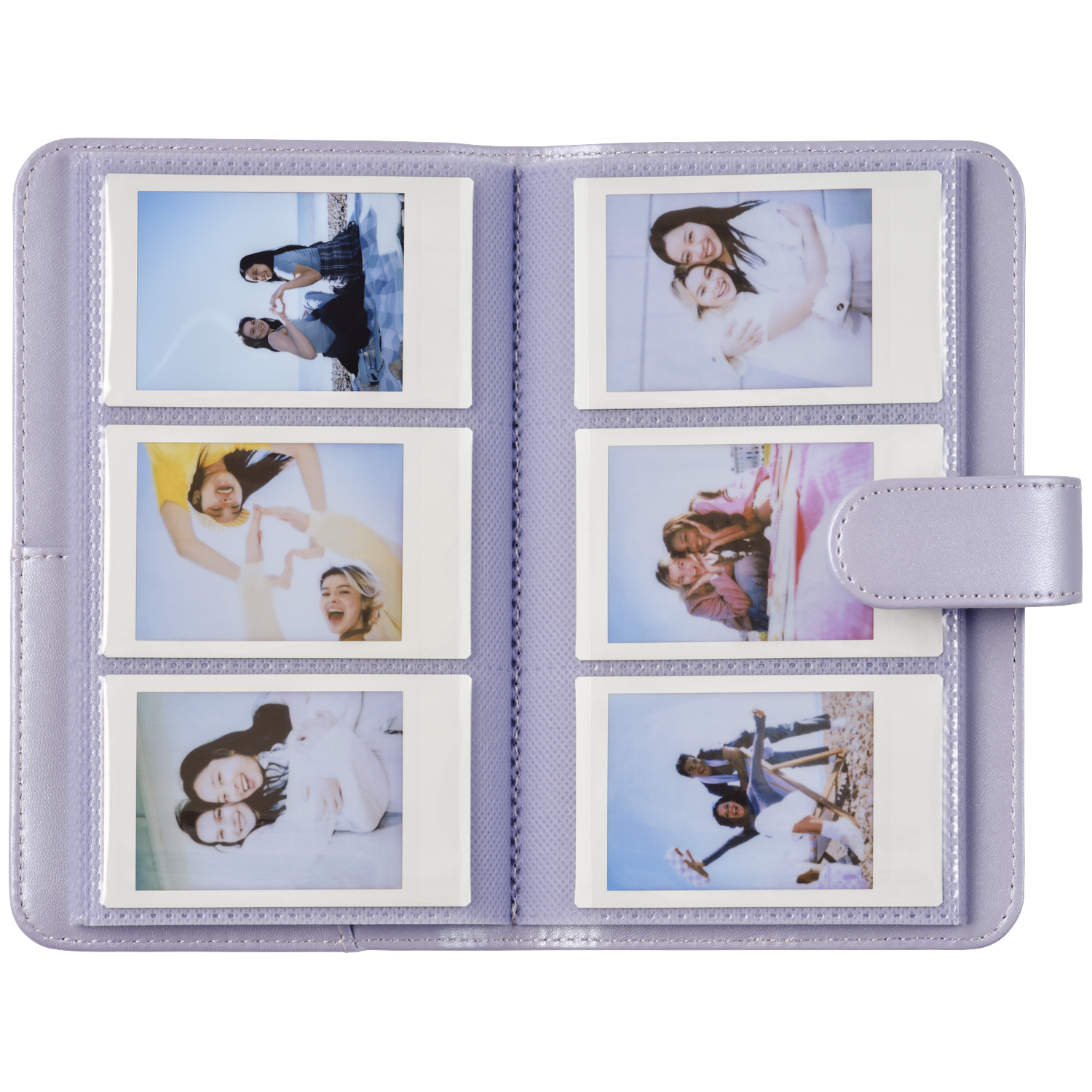 A purple photo album holding 6 instant photos of young women on various outings.