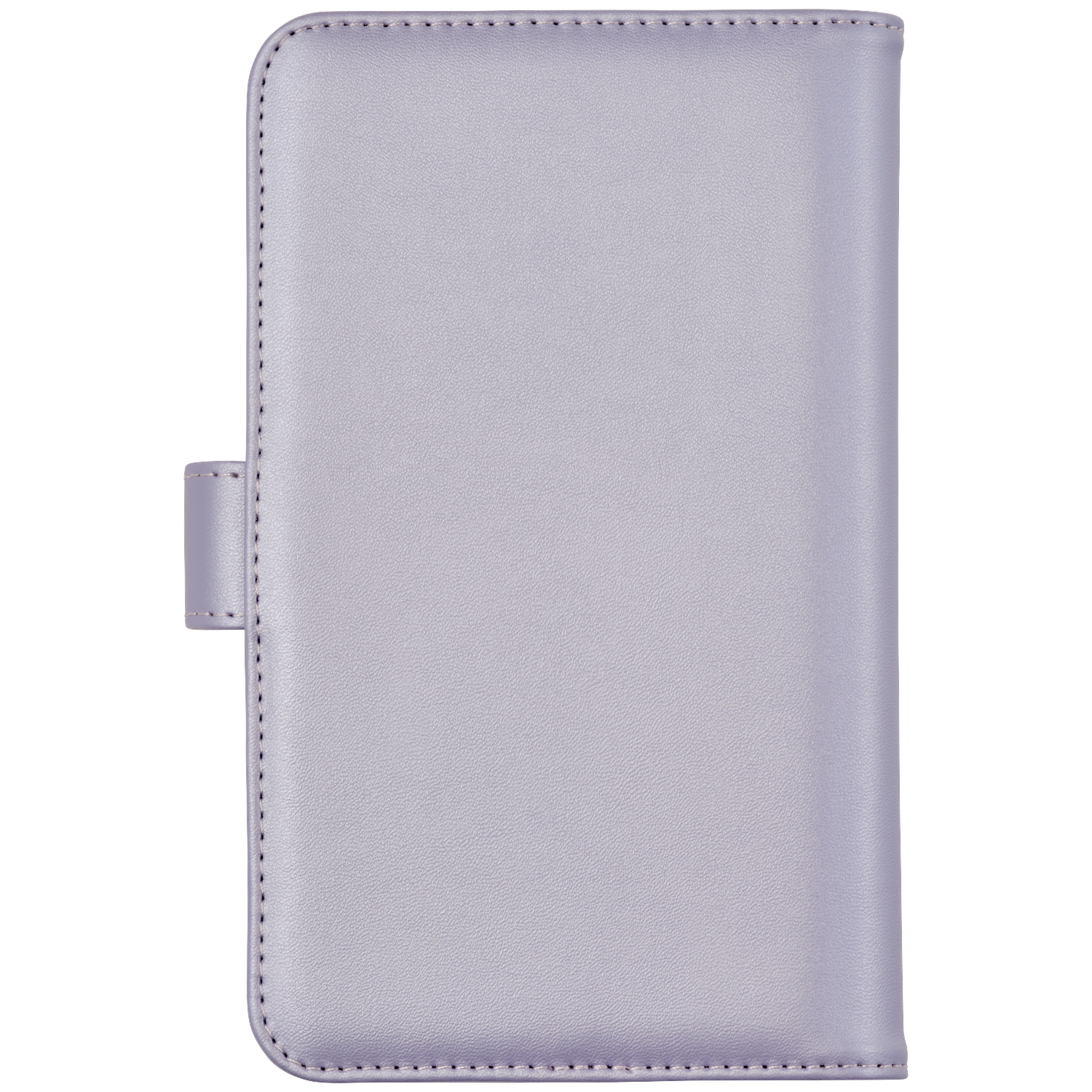 A light purple leather wallet with stitching and a strap.