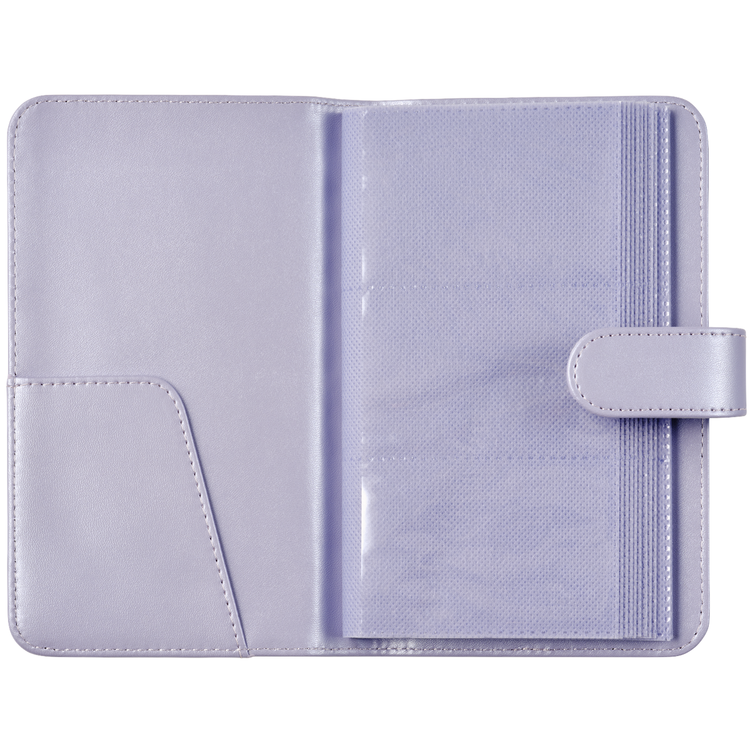 An open, lavender-colored case with a pocket and multiple clear sleeves.
