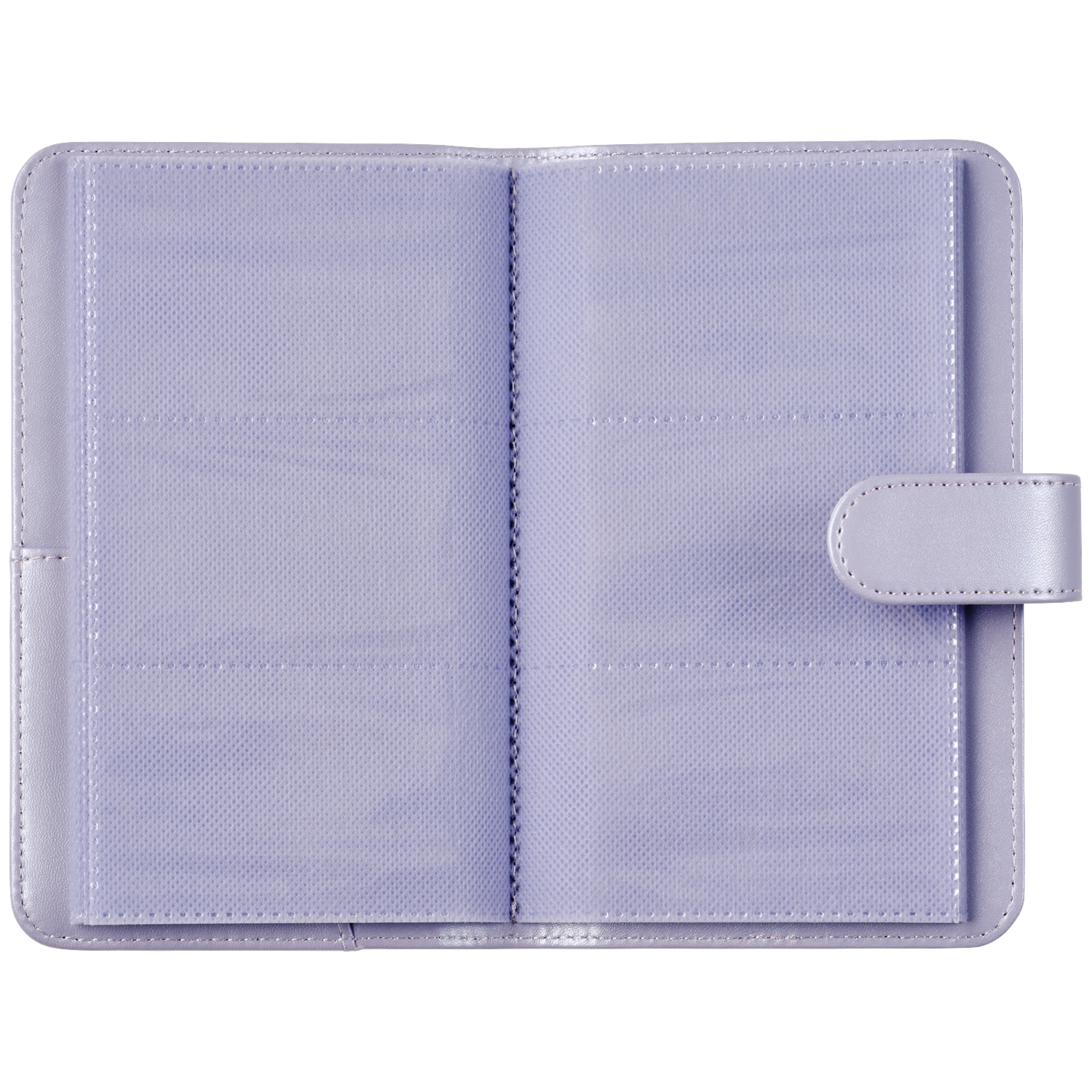 An open lavender album with clear plastic sleeves for photos or cards.
