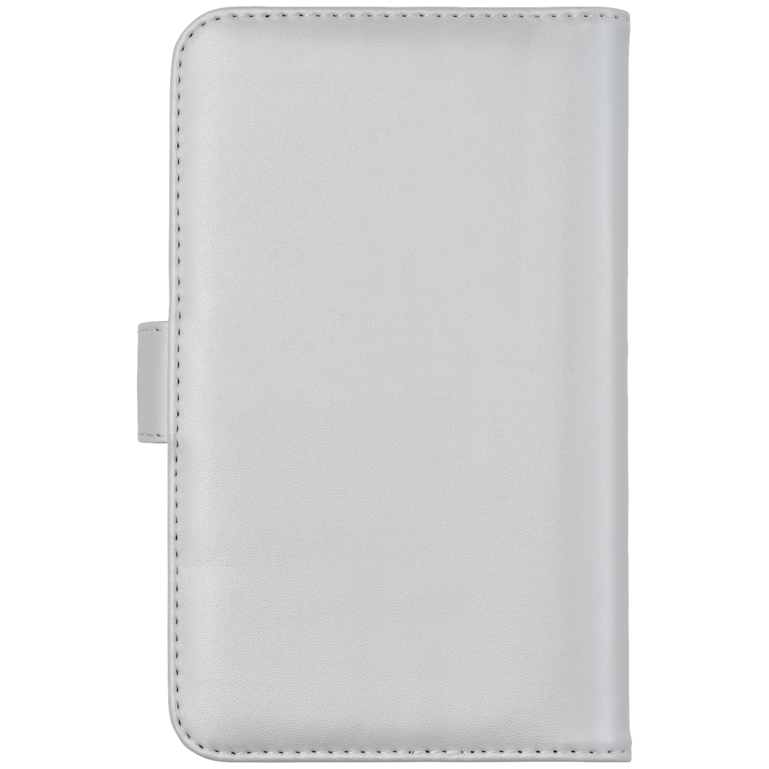 A white leather phone case with a closure tab.