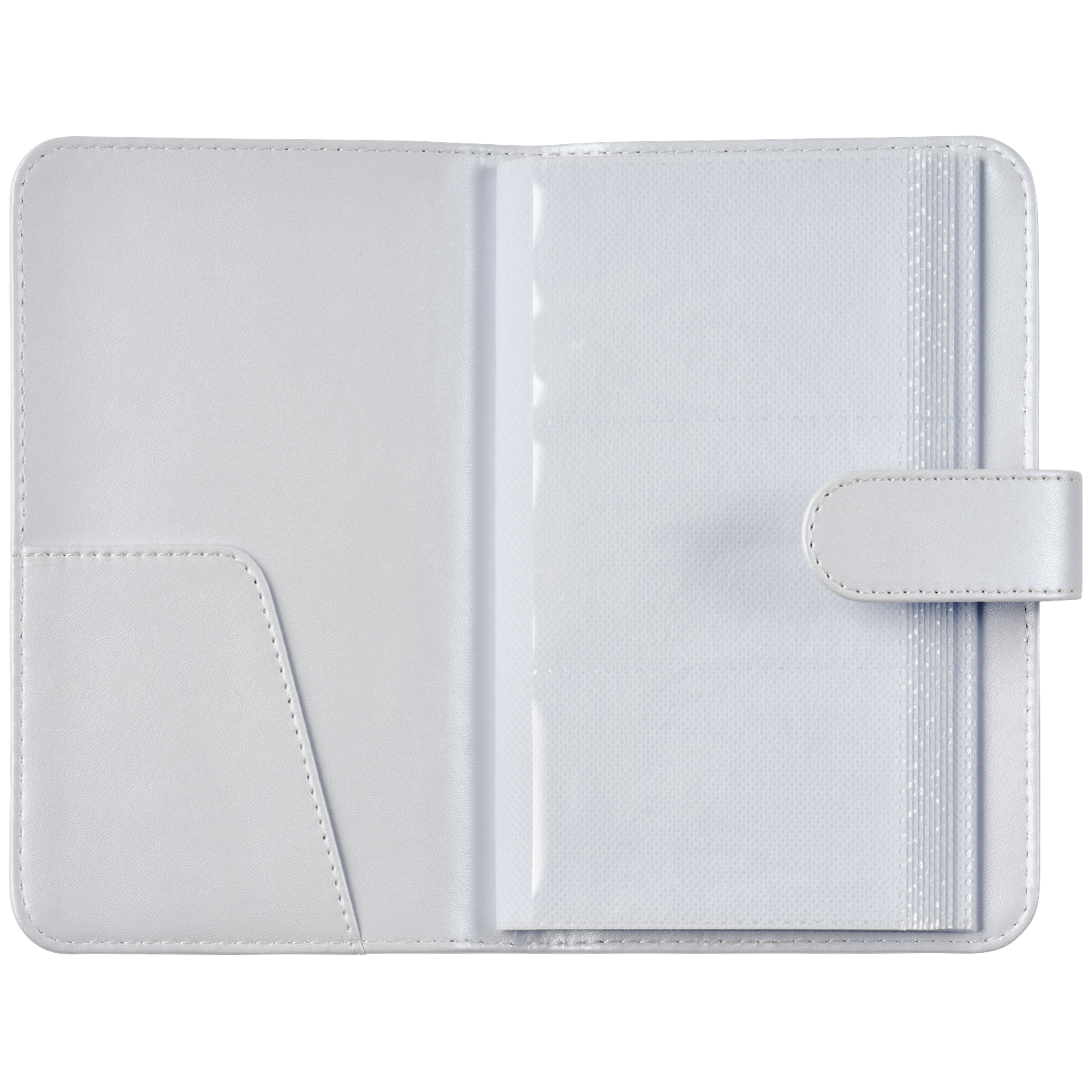 An open white book with a pocket on the left and many clear sleeves on the right.