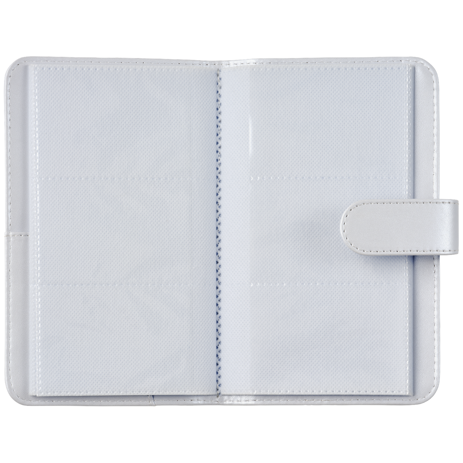 An open white photo album showing empty white pages with slots.
