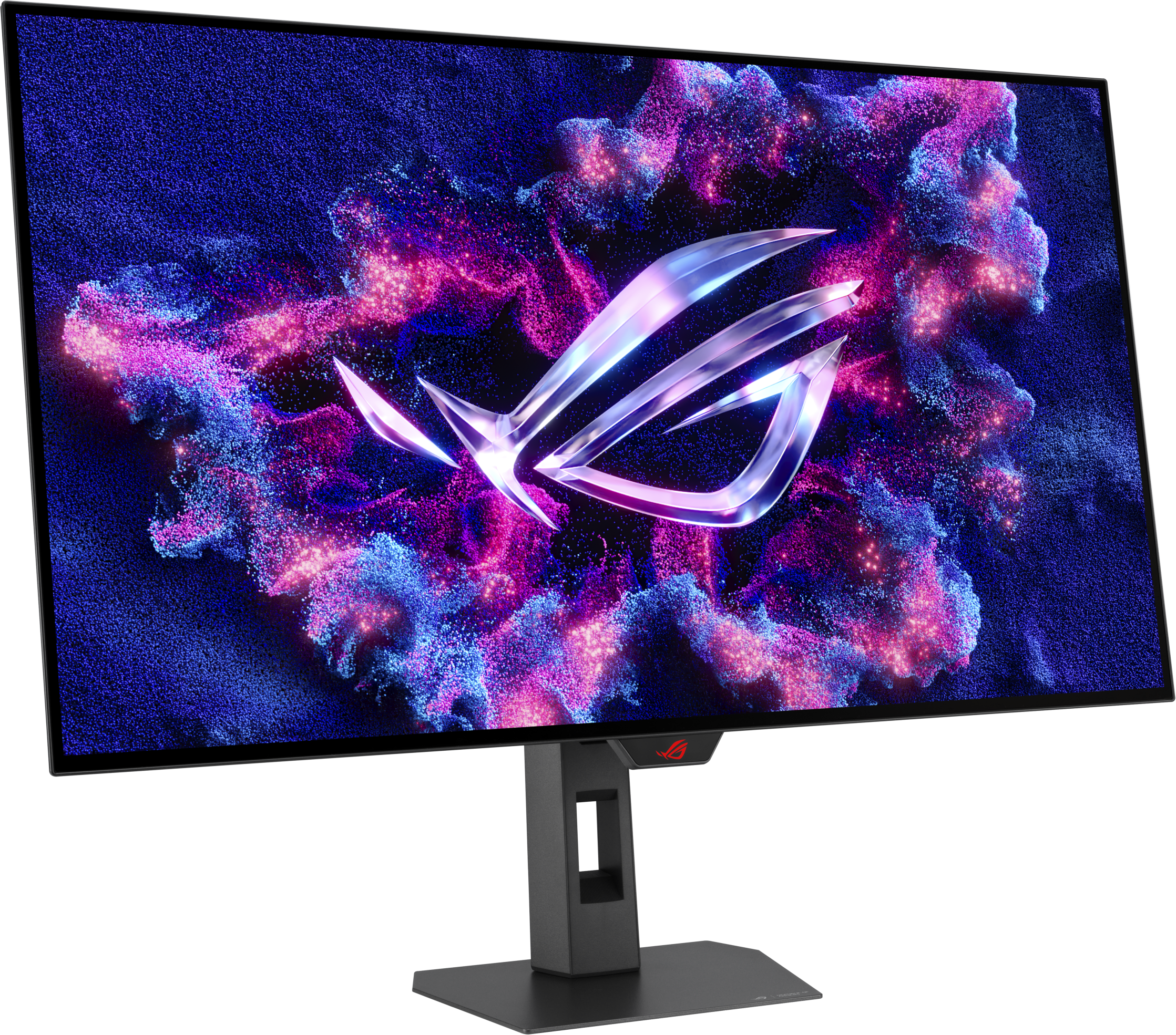Ein Monitor zeigt ein Bild mit einem stilisierten Logo vor einem Wirbel aus lila und blauen Partikeln.